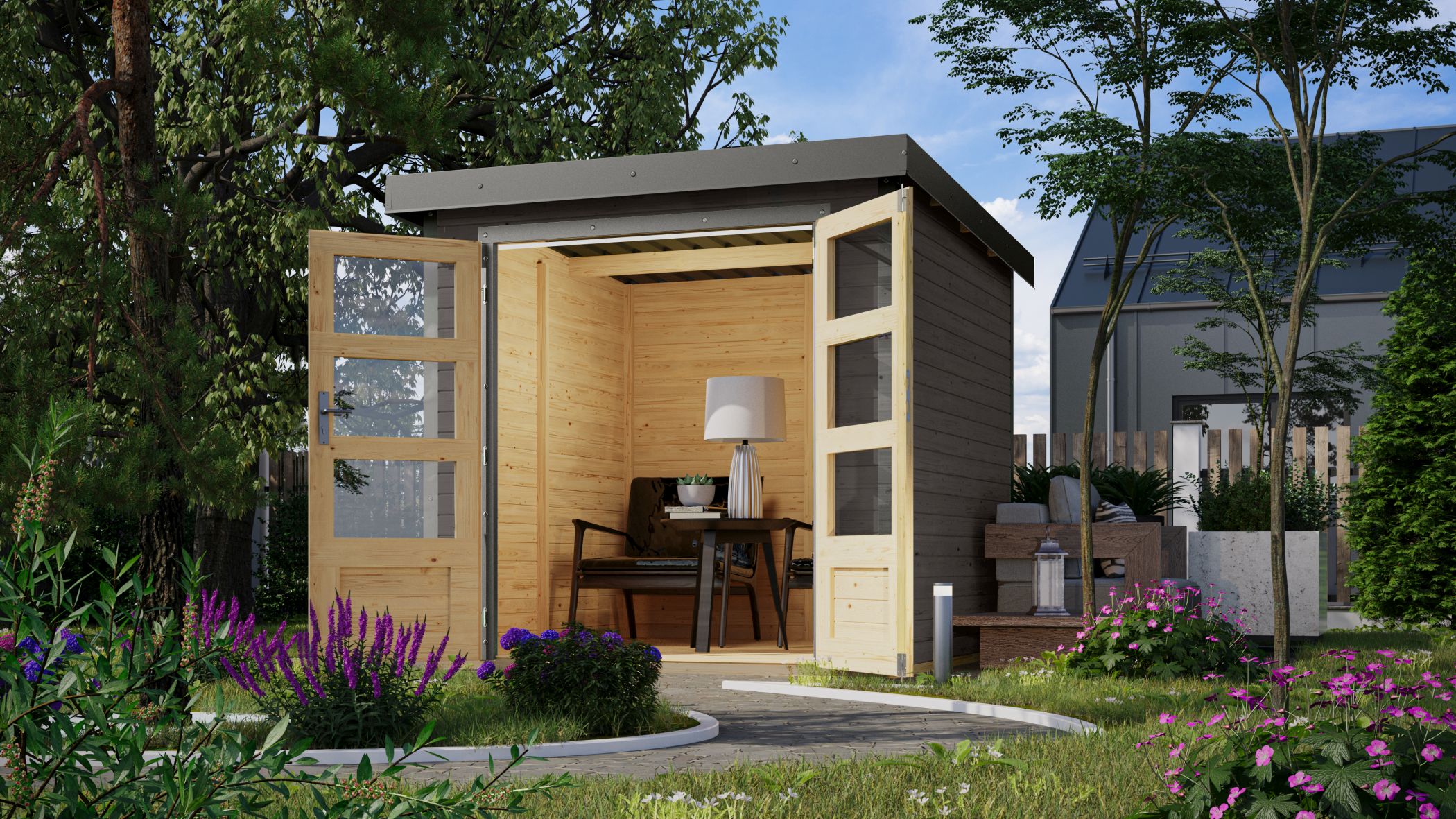 Karibu Gartenhaus Holz & Metall Jupiter 2 in Terragrau mit Metall in Graualuminium im Garten