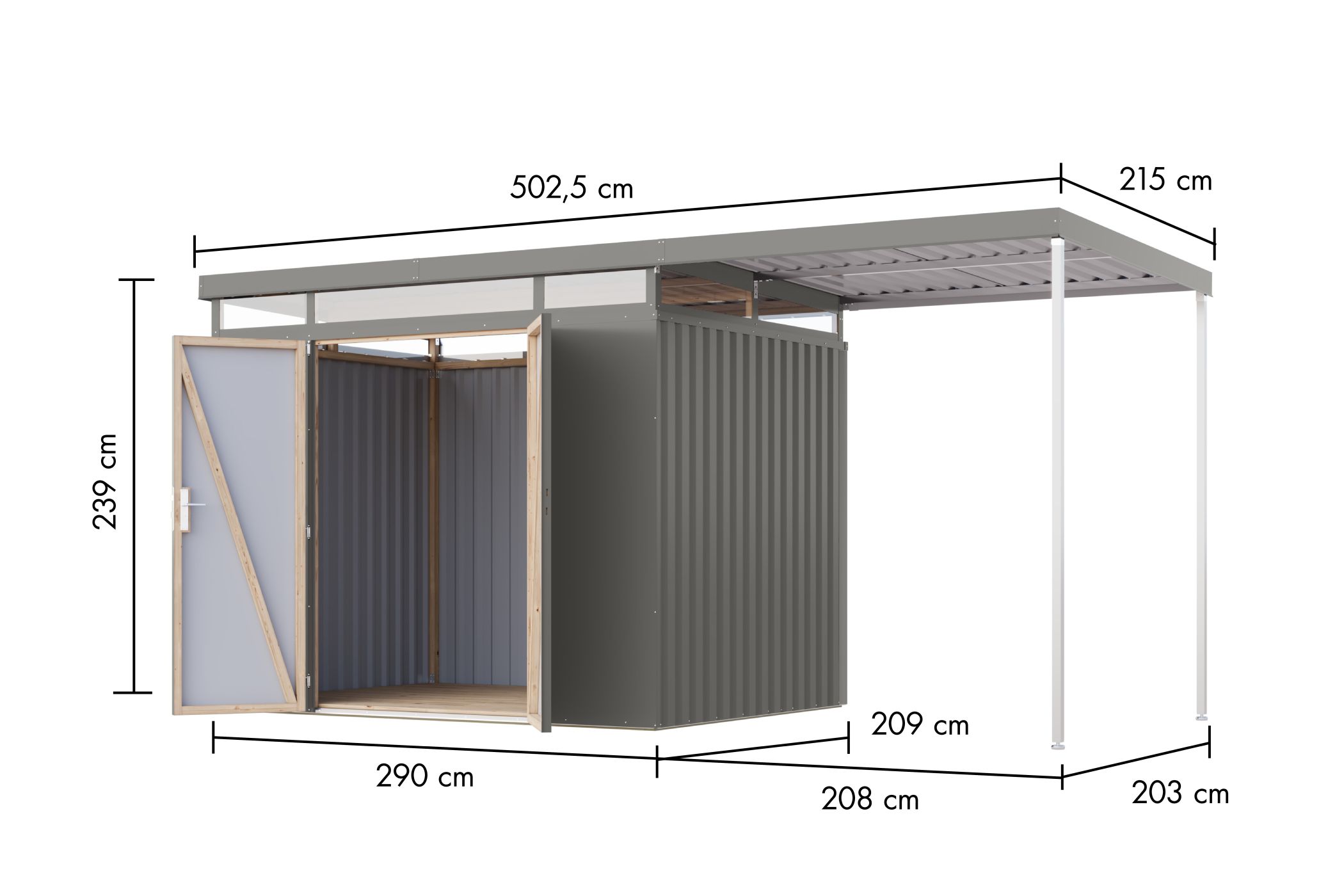 Bemaßte Maßzeichnung des Karibu Gerätehaus aus Metall Aurum 3, 497 × 209 cm