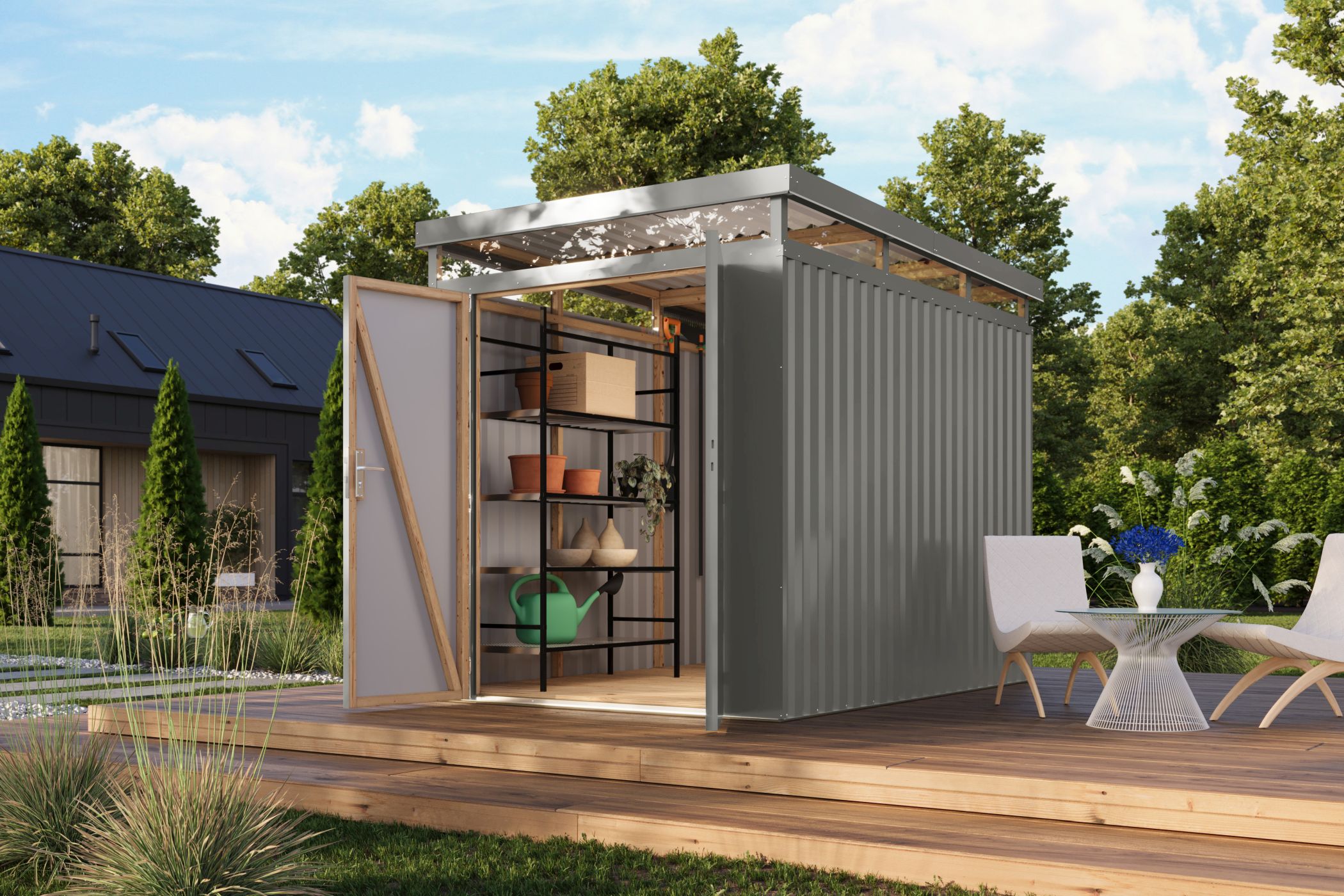 Karibu Gerätehaus aus Metall Aurum 2,5 in Graualuminium im Garten