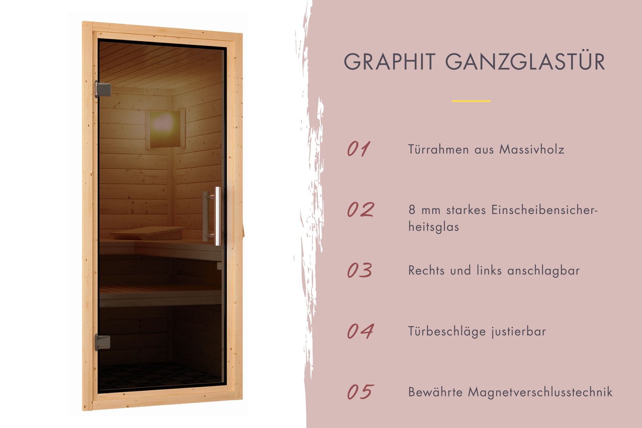 Hochwertige Saunatür aus 8 mm Sicherheitsglas mit Massivholzrahmen für Karibu Saunen