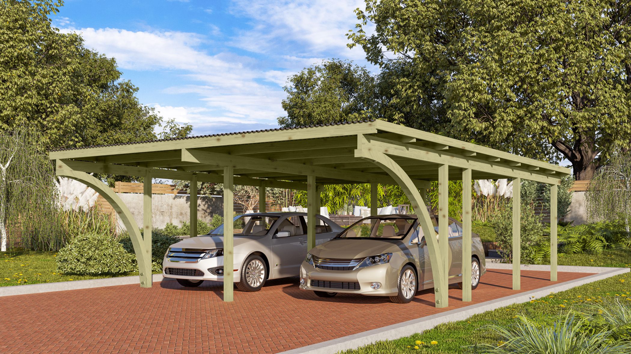 Karibu Doppelcarport BASIC 2 aus KDI-Massivholz im Garten aufgebaut als stimmungsvolle Ambiente-Ansicht