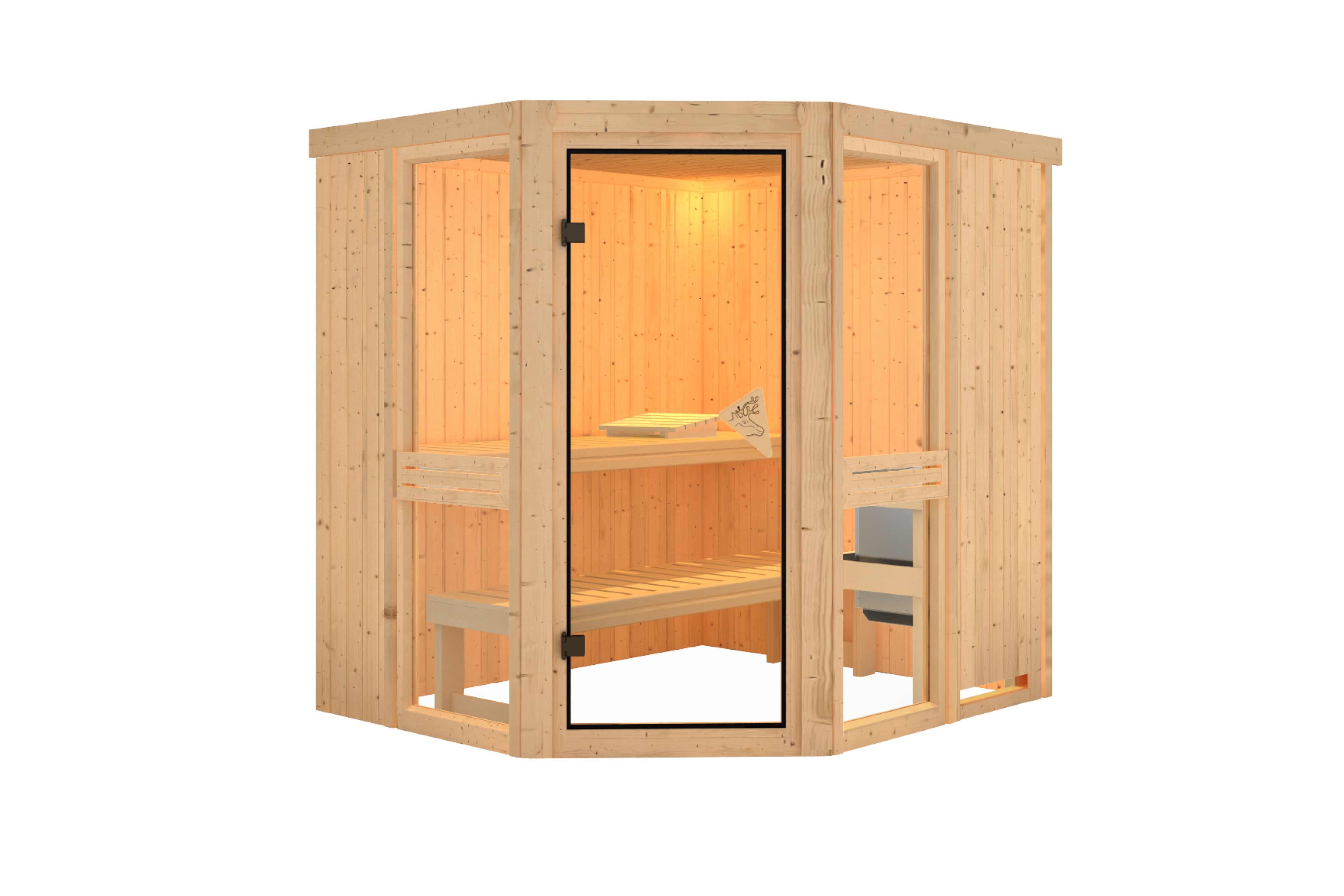 Innenansicht der Karibu Sauna Amelia 1 mit Liegen und Kopfstütze aus hellem Espenholz