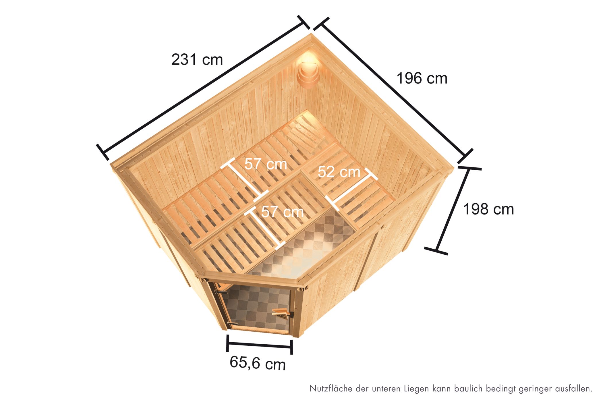 Maßzeichnung der Karibu Sauna Horna mit Außenmaß 231 × 196 cm und Höhe 198 cm