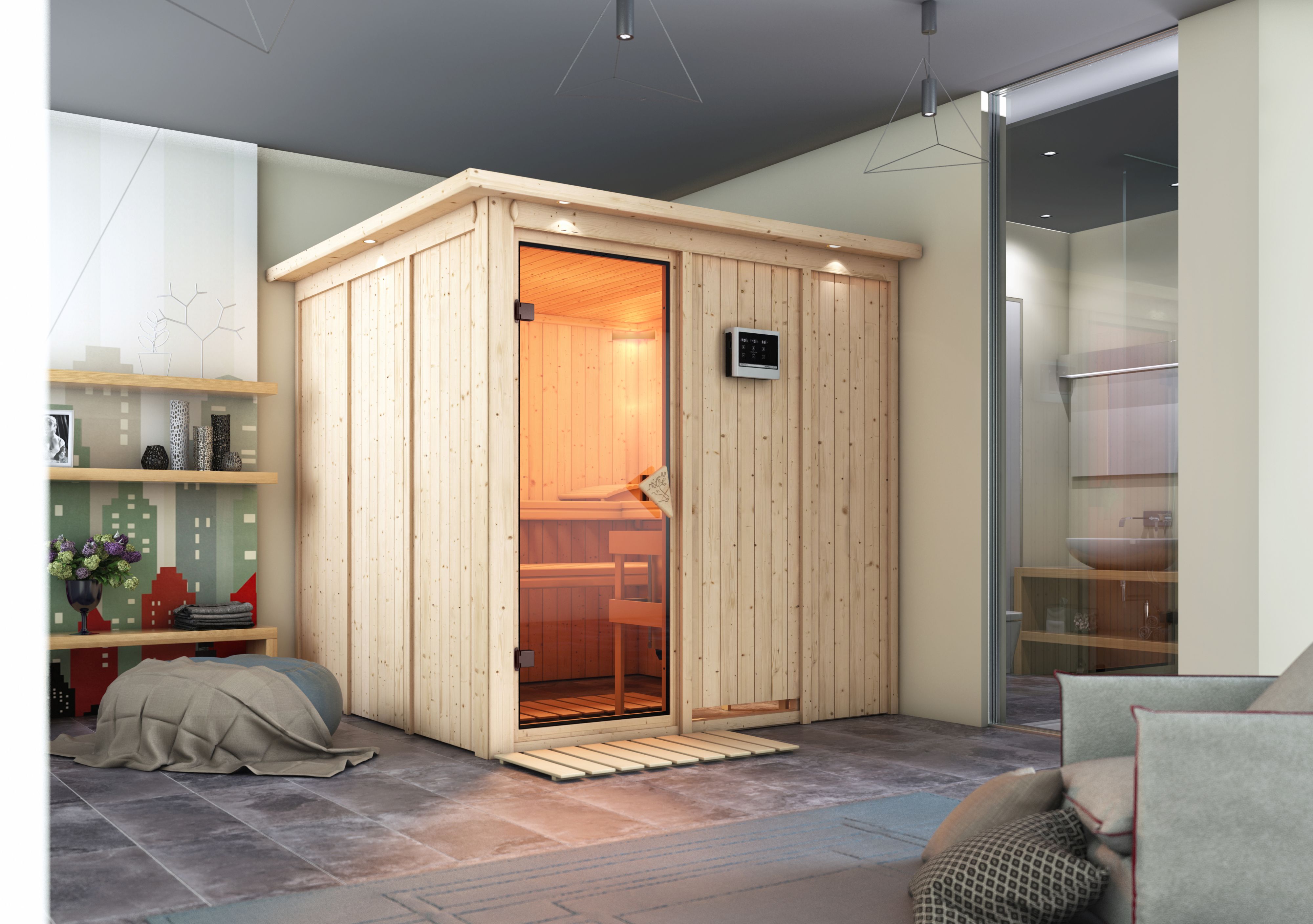 Karibu Sauna Rodin als hochwertige Sauna aus nordischer Fichte im Wohnraum-Ambiente