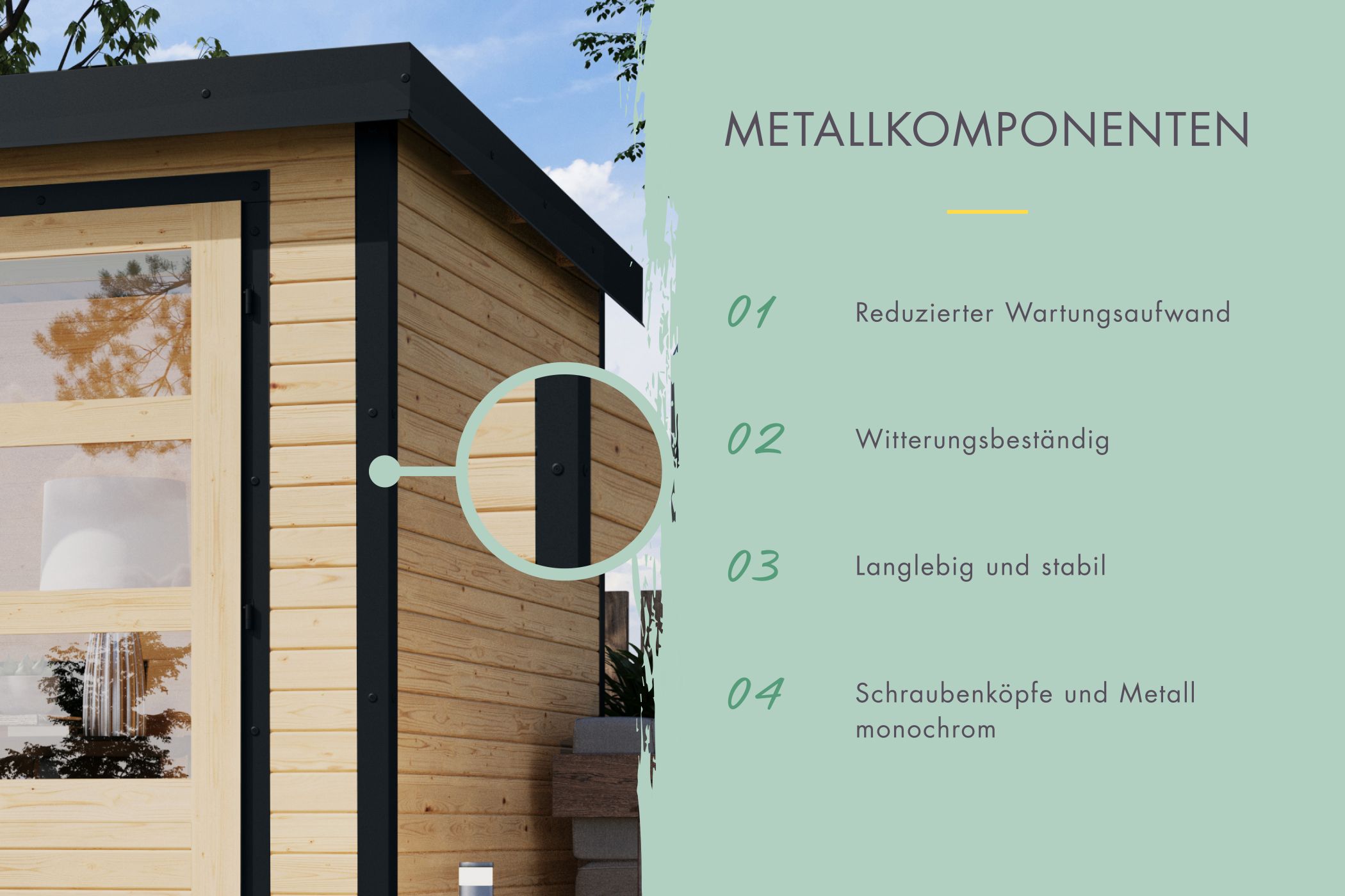 Metallkomponenten des Karibu Gartenhaus Holz & Metall Saturn für wartungsarme Ecken und Dachleisten