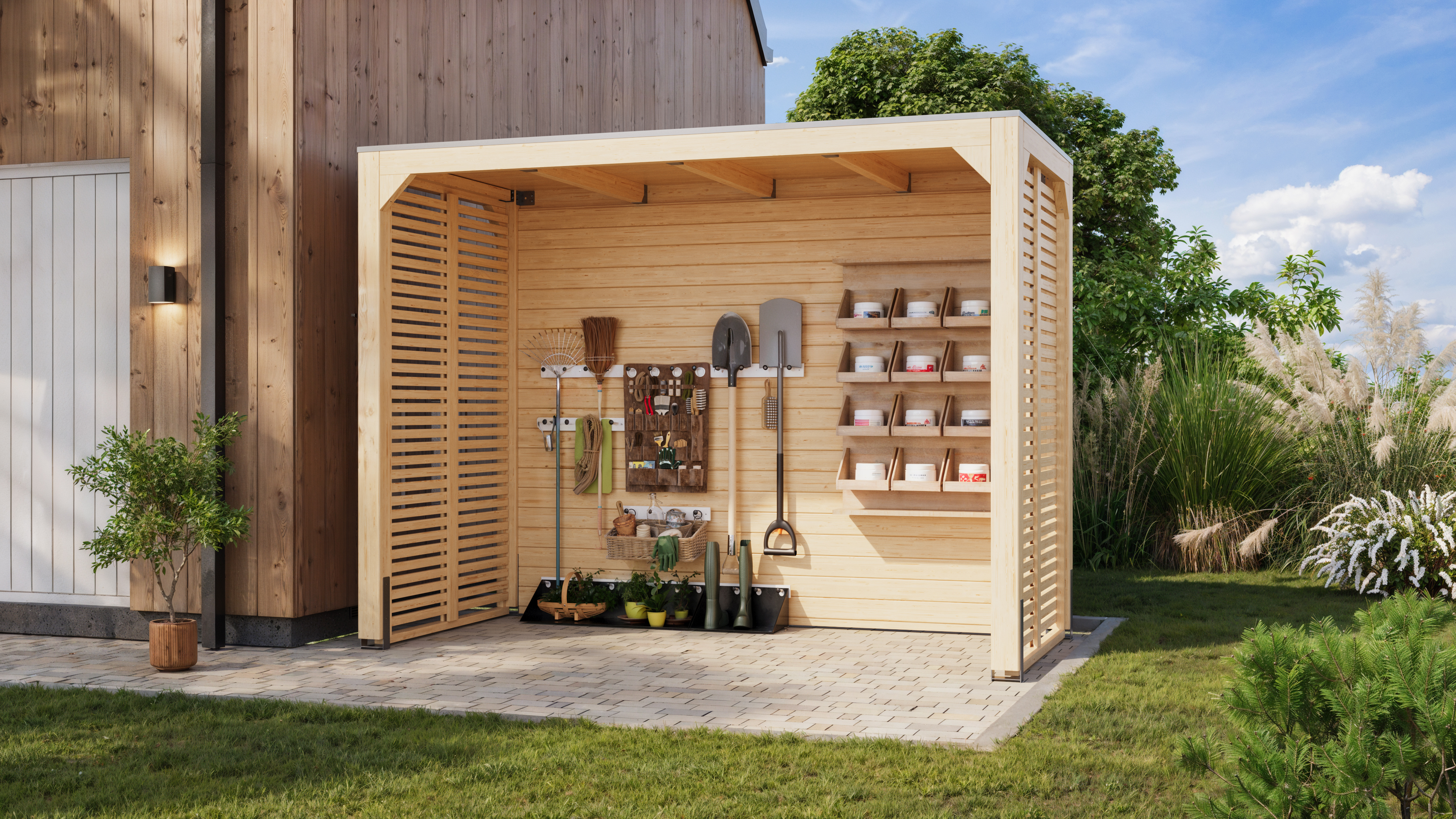 Karibu Grillpavillon aus Leimholz mit Flachdach im Garten als stimmungsvolle Ambiente-Ansicht