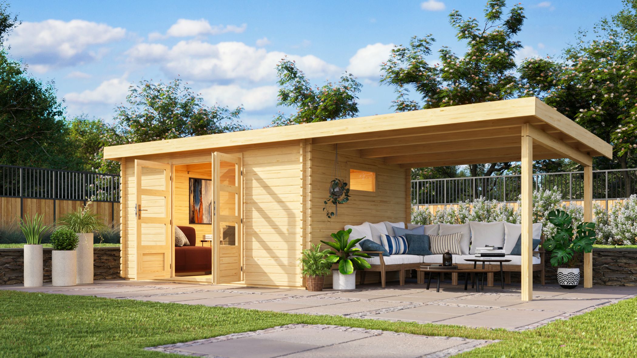 Karibu Gartenhaus Trittau 5 mit Anbaudach im Garten