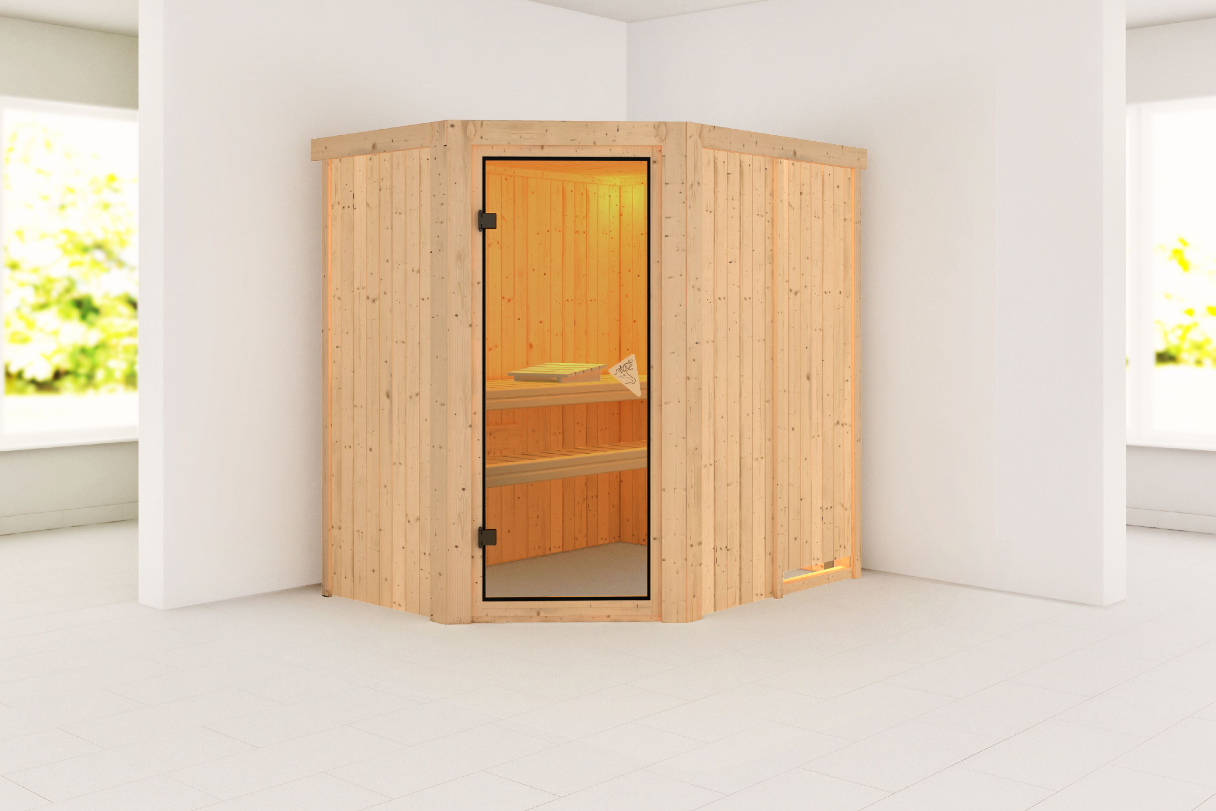 Außenansicht der Karibu Sauna Carin aus nordischer Fichte mit bronzierter Ganzglastür und Fronteinstieg