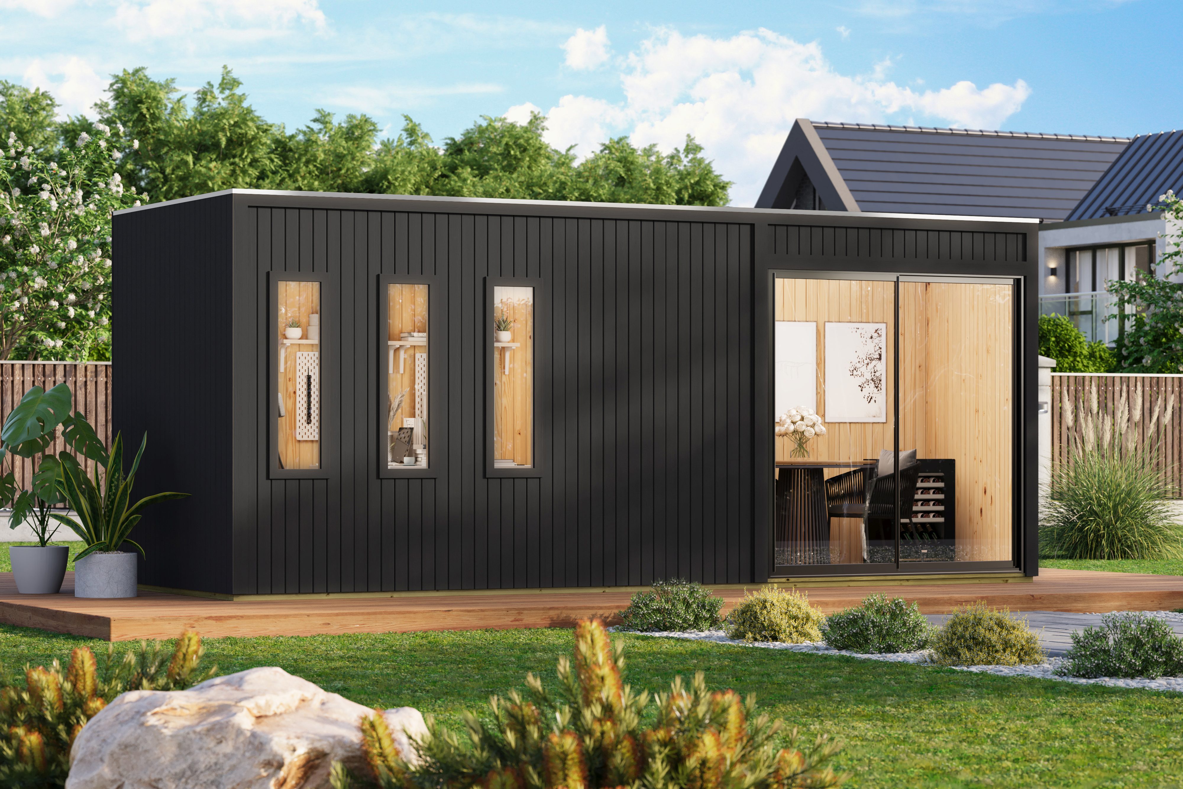 Karibu Saunahaus Homeofficehaus aus nordischer Fichte, im Garten aufgebaut
