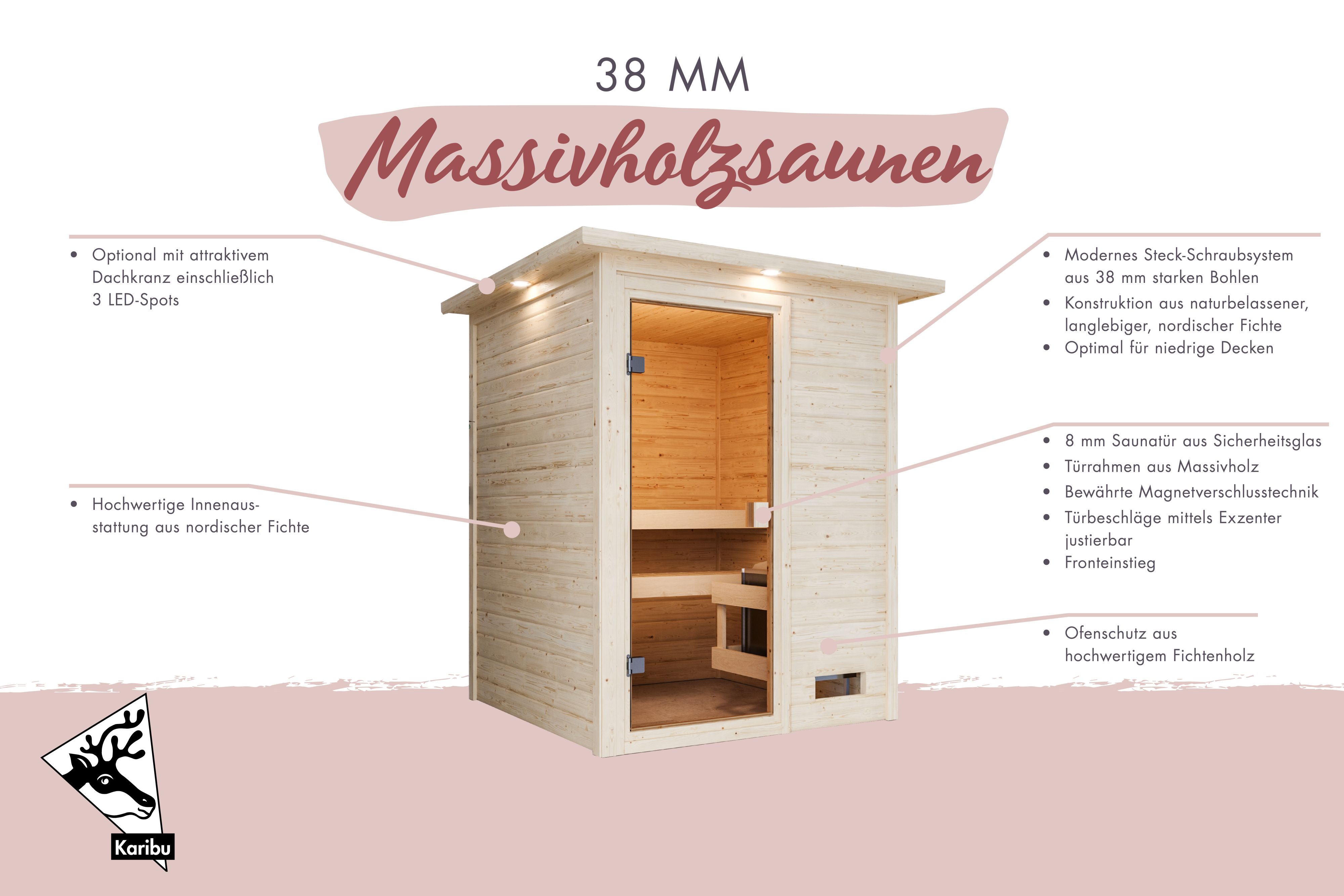 Außenansicht der Karibu Sauna Sandra aus nordischer Fichte mit Ganzglastür und Fronteinstieg