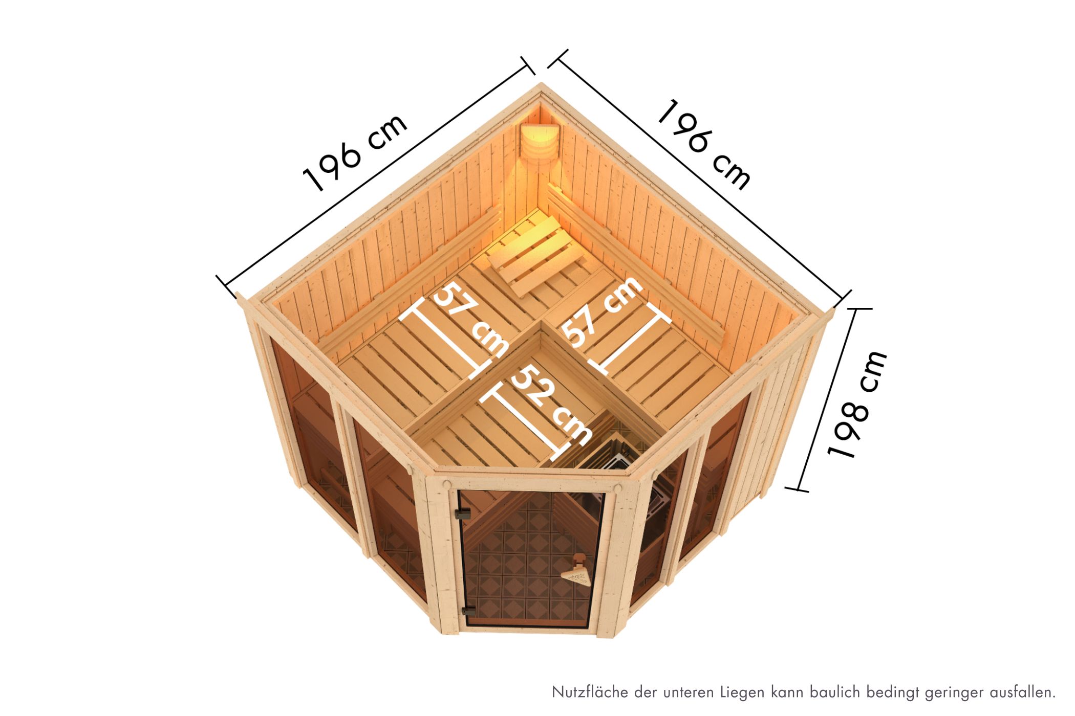 Maßzeichnung der Karibu Sauna Airi mit Außenmaß 196 × 196 cm und Höhe 198 cm