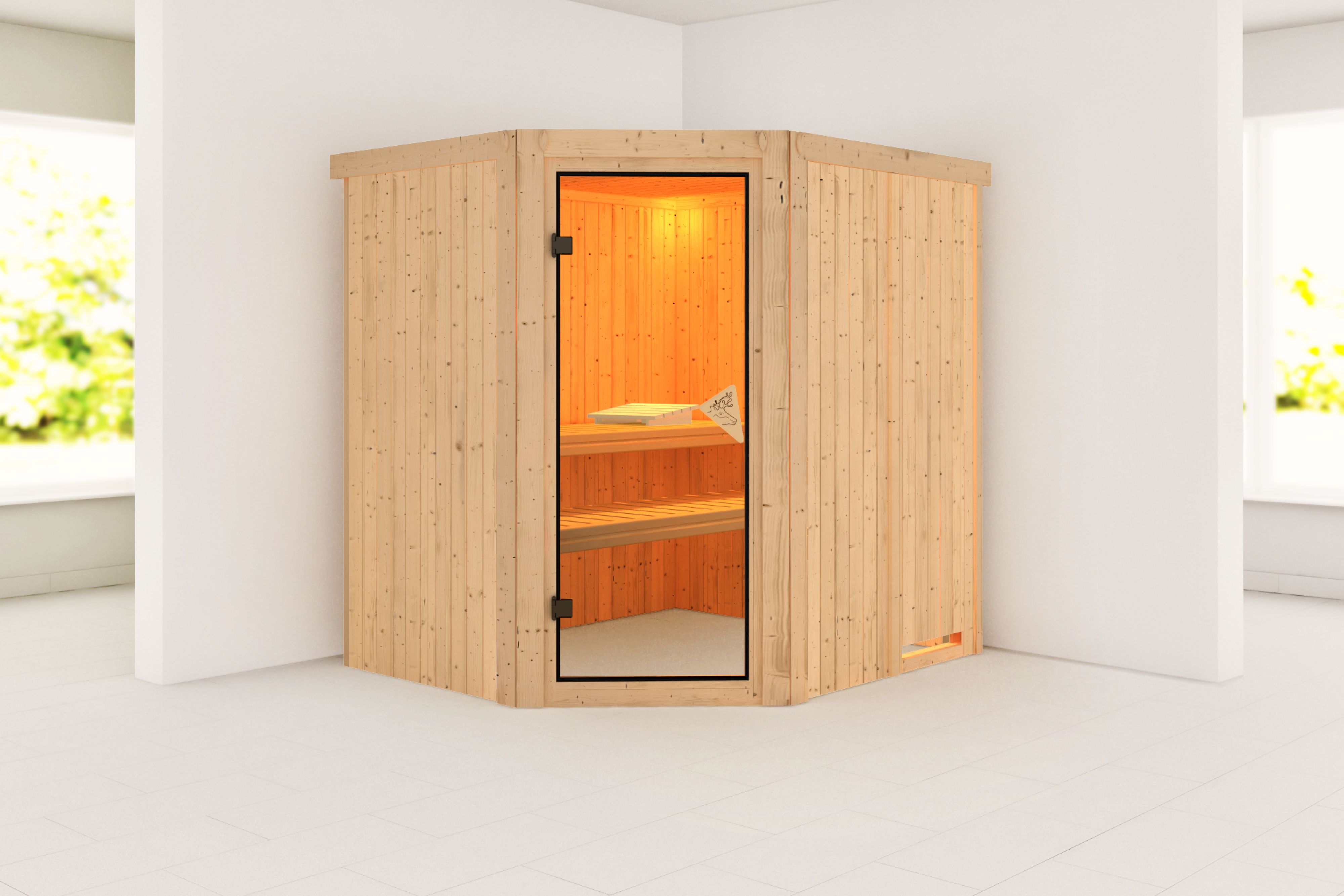 Außenansicht der Karibu Sauna Siirin aus nordischer Fichte mit bronzierter Ganzglastür und Fronteinstieg