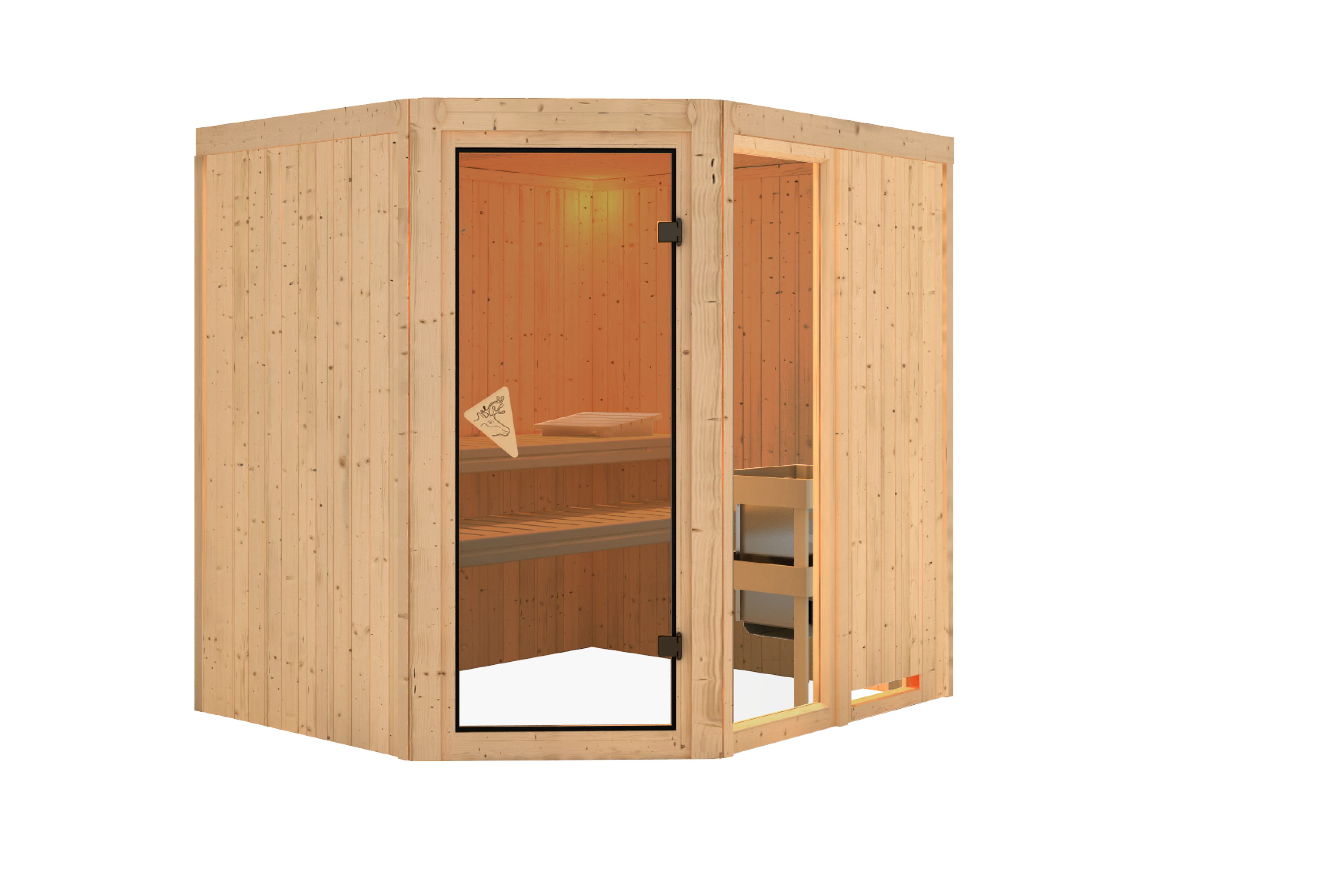 Innenansicht der Karibu Sauna Fiona 2 mit Liegen und Kopfstütze aus hellem Espenholz
