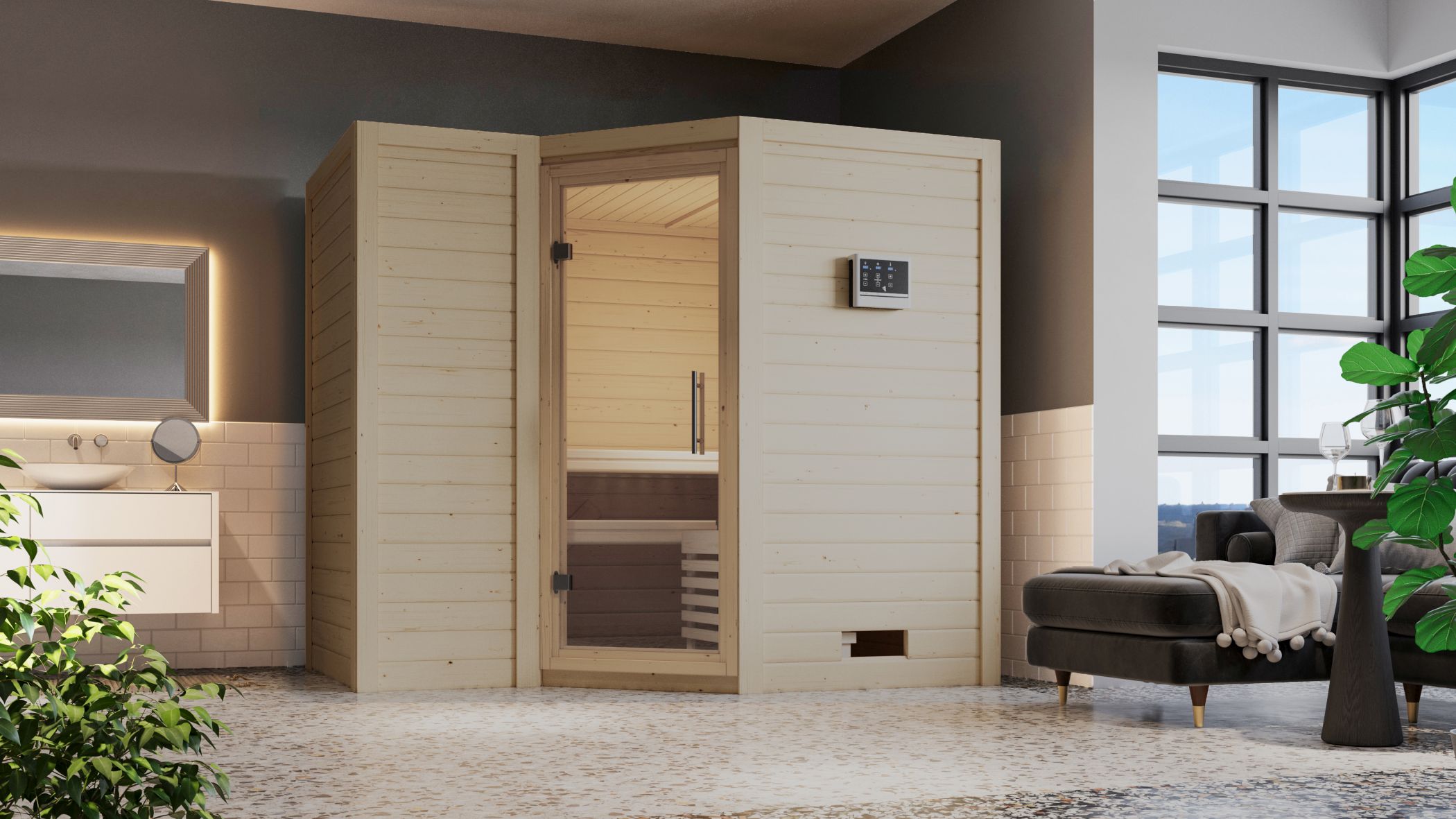 Karibu Sauna Sahib 2 als hochwertige Sauna aus nordischer Fichte im Wohnraum-Ambiente