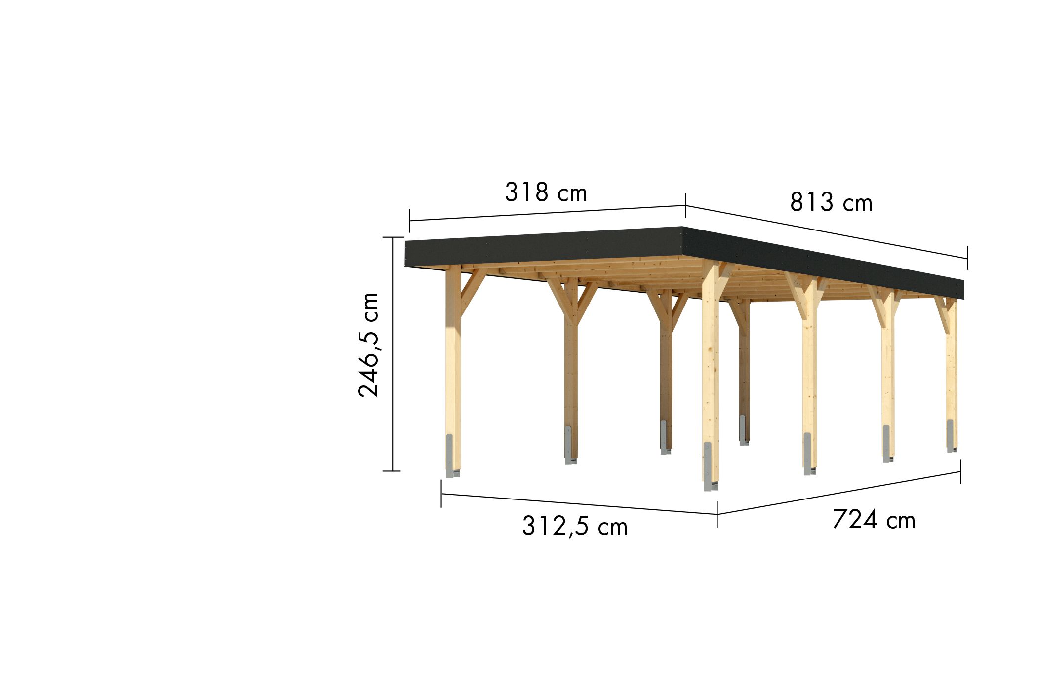 Maßzeichnung des Karibu Einzelcarport Leimholz 2 mit Dachmaß 318 × 813 cm und Durchfahrtshöhe 222 cm