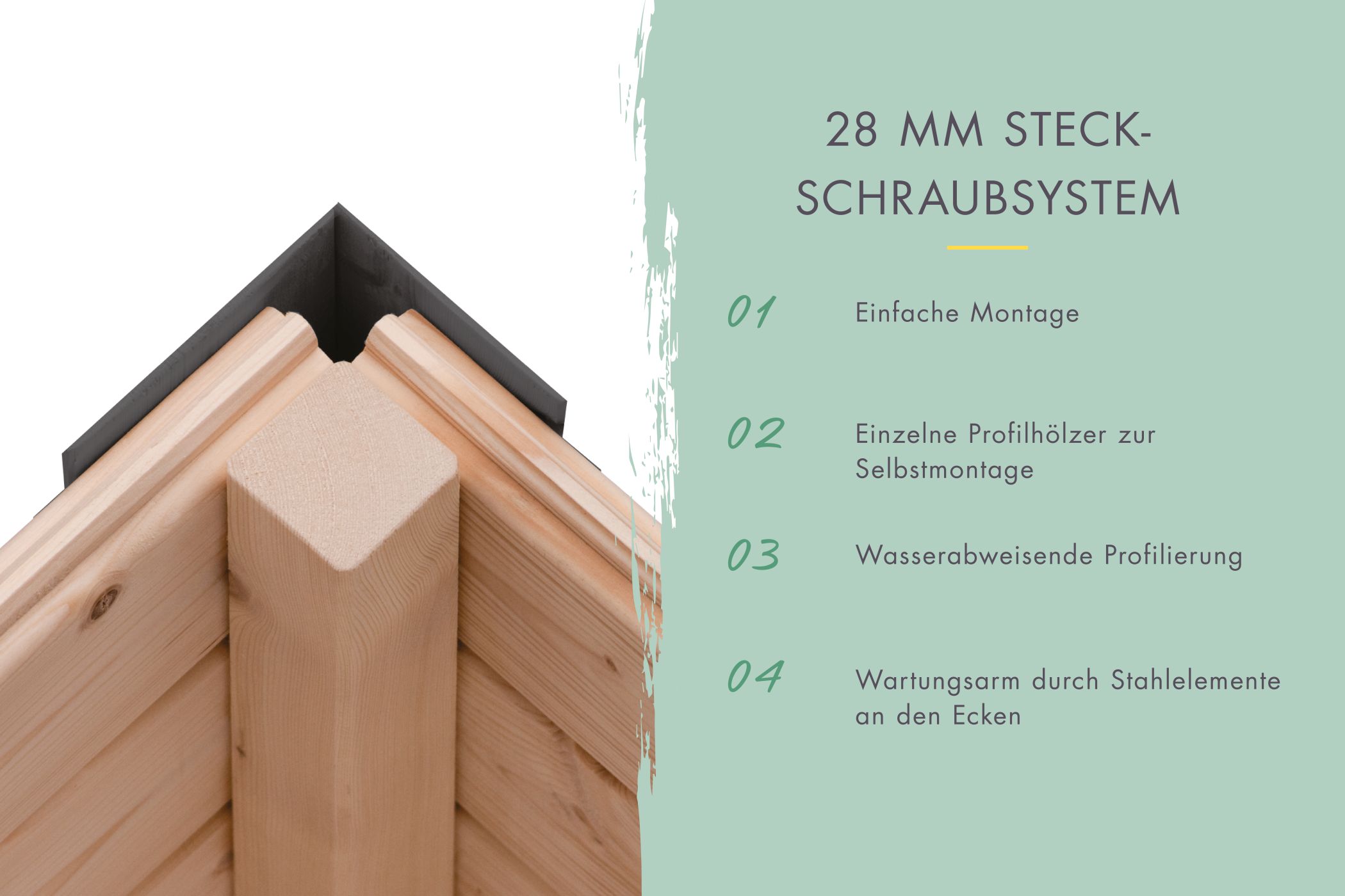 28-mm-Steck-Schraubsystem des Karibu Gartenhaus Holz & Metall Pluto 7 mit Stahlecken