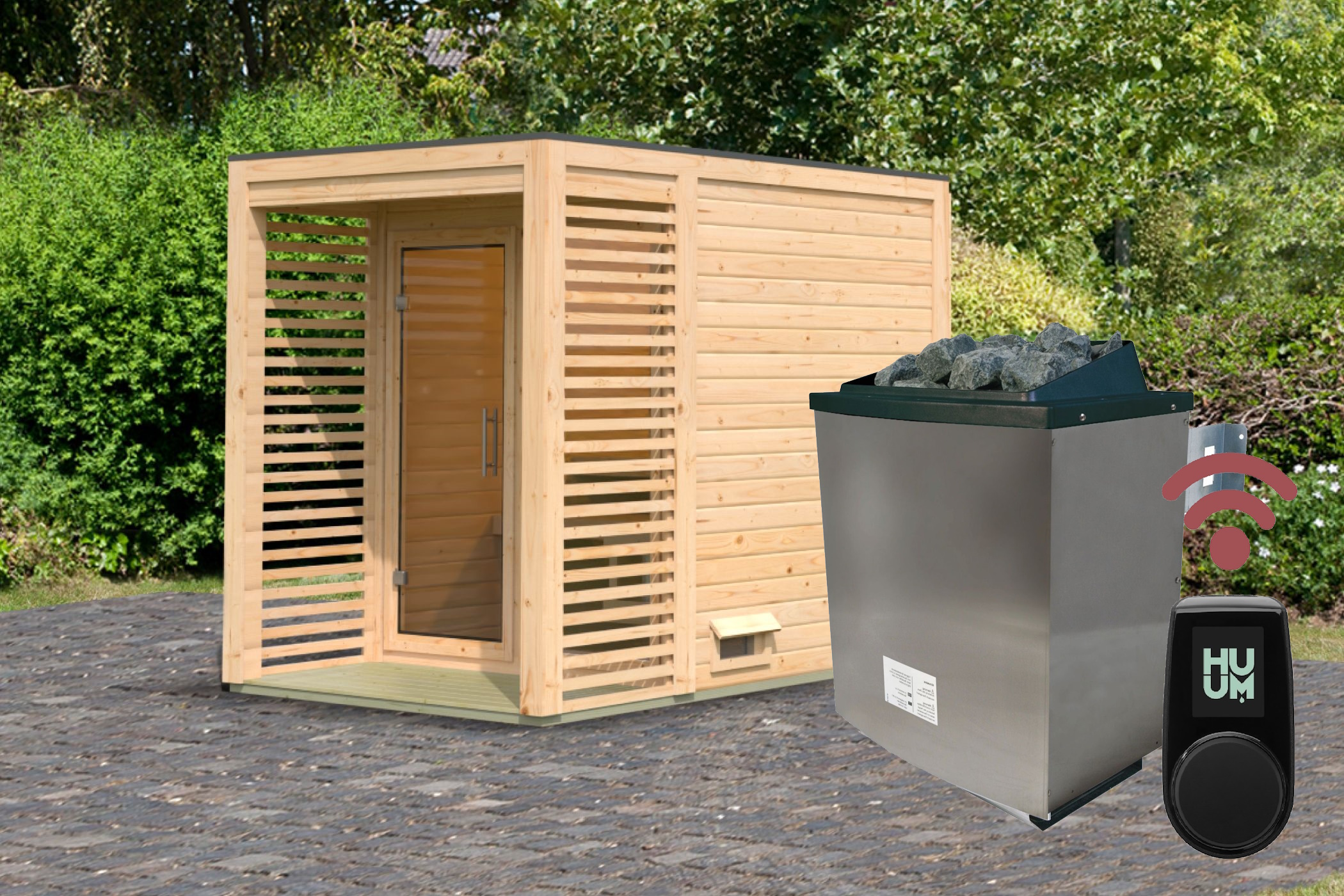 Gegenüberstellung von Außen- und Innenseite der Saunawand einer Karibu Gartensauna aus nordischer Fichte