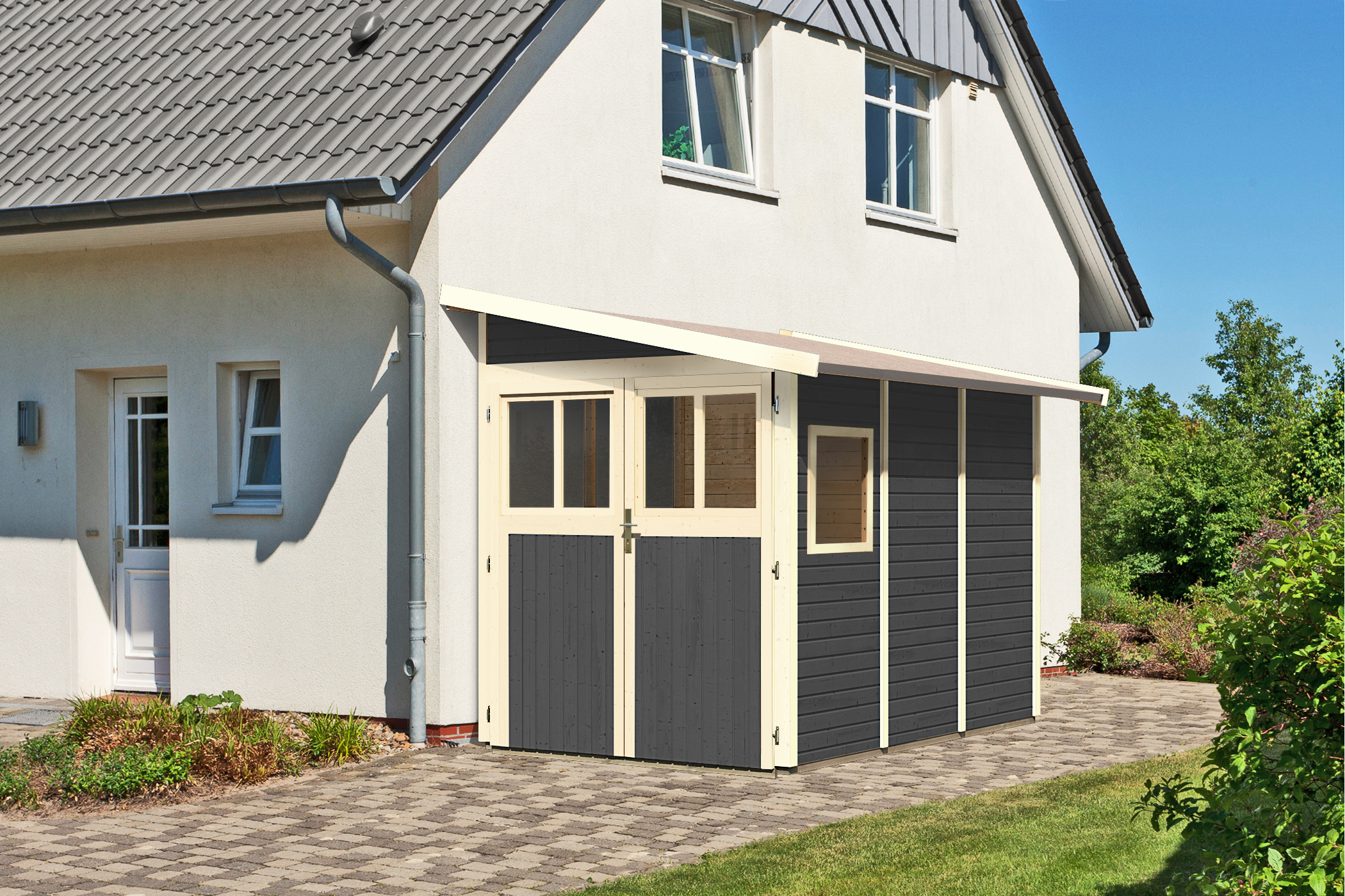 Karibu Gerätehaus Wandlitz 3 in Terragrau, Außenansicht