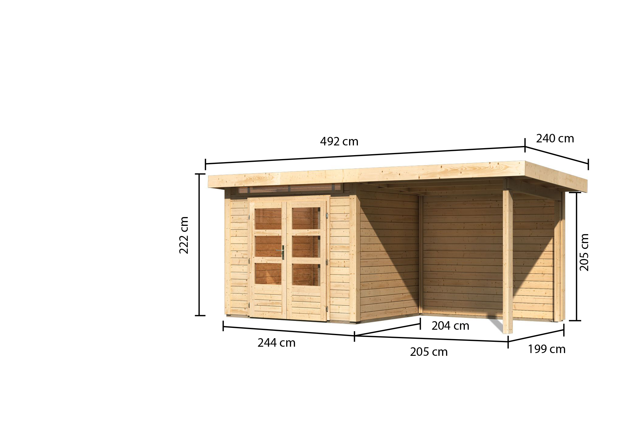 Bemaßte Maßzeichnung des Karibu Gartenhaus Kandern 2 mit Anbaudach, 492 × 232 cm