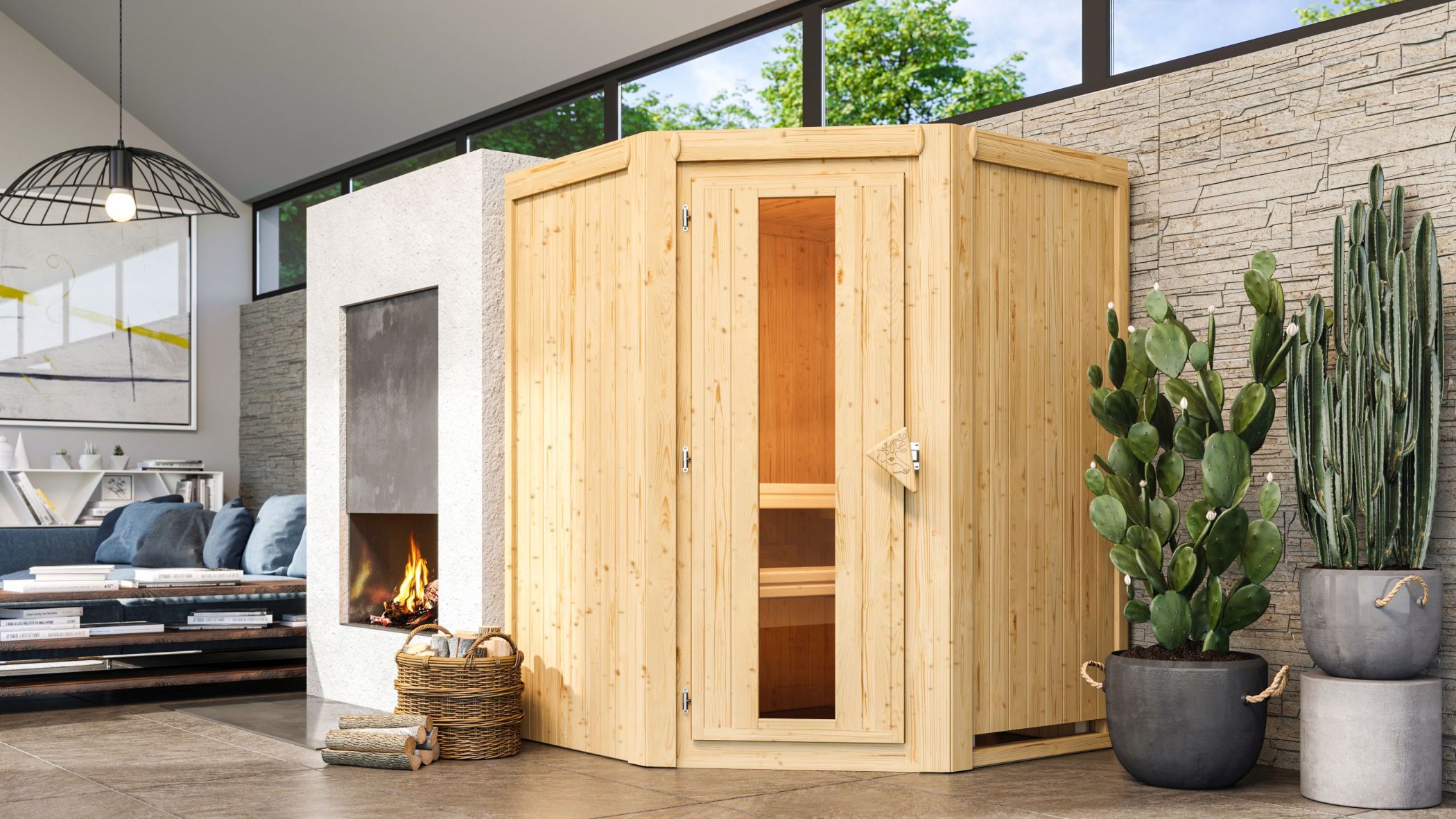 Karibu Sauna Nanja als hochwertige Sauna aus nordischer Fichte im Wohnraum-Ambiente