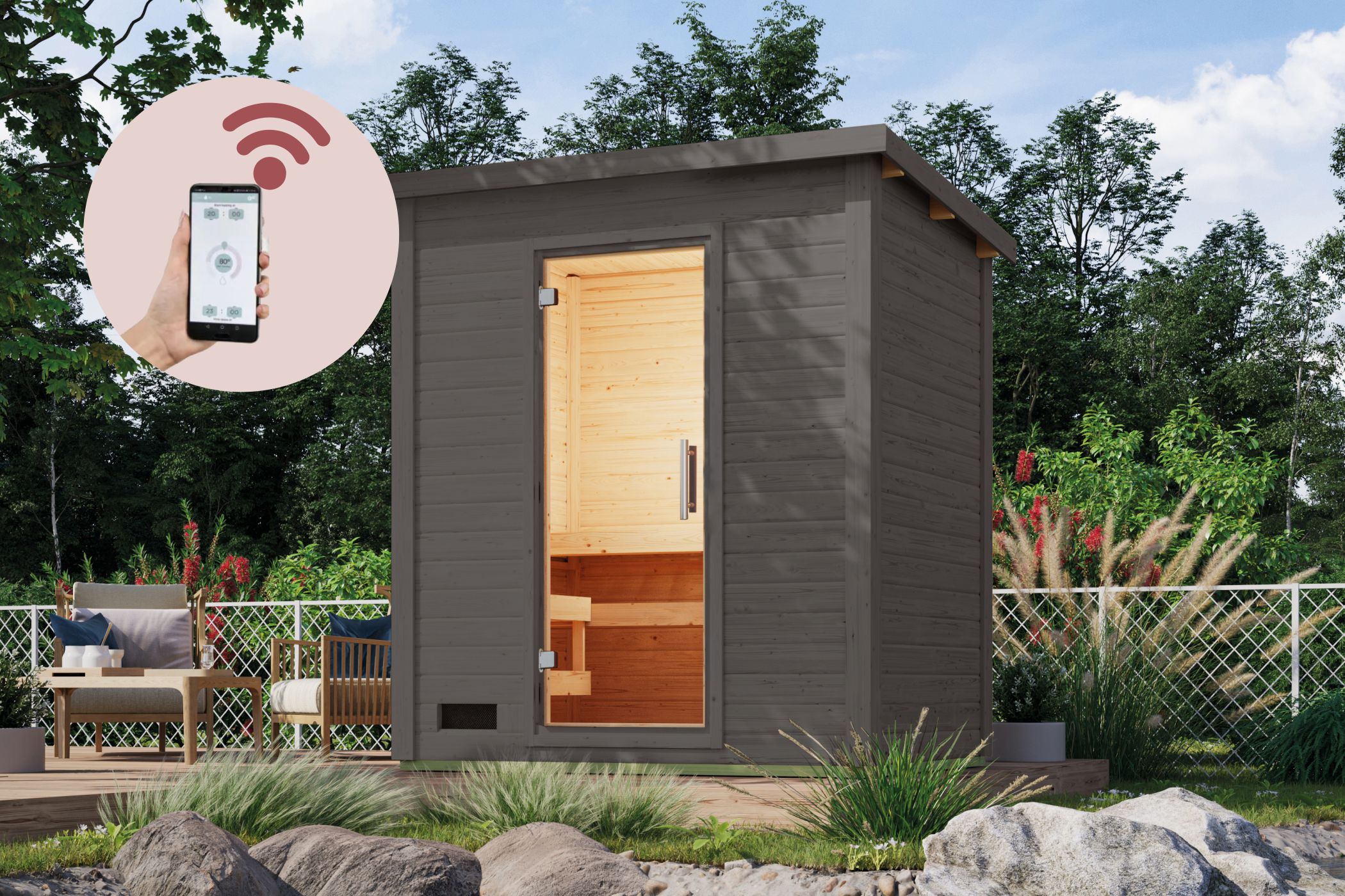 Karibu Saunahaus Hytti 1 Exclusive terragrau / + Ofen und HUUM WIFI Steuergerät Sparset als Gartensauna aus Massivholz