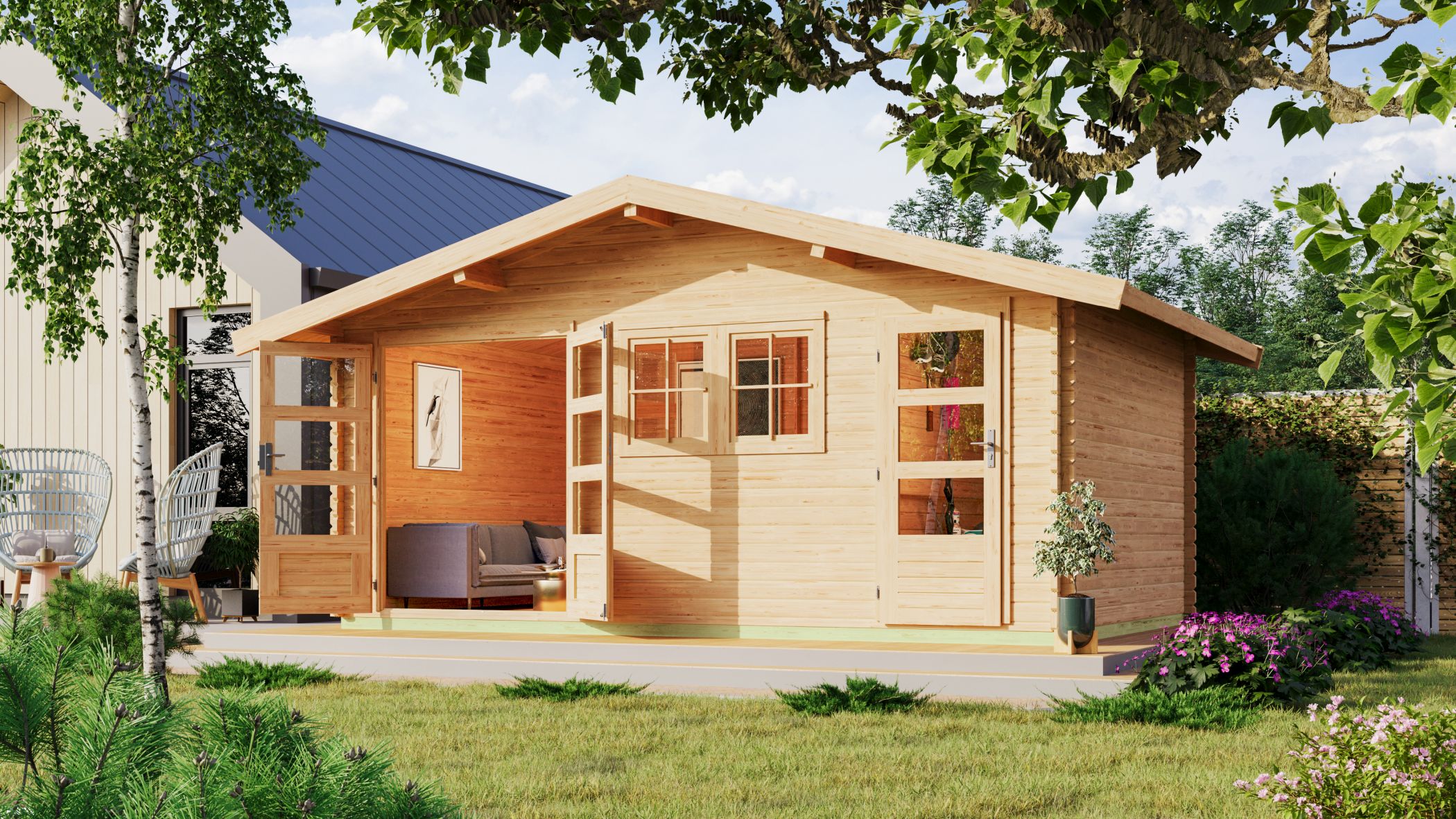 Karibu großes Gartenhaus Lagor 2 aus Holz, im Garten aufgebaut