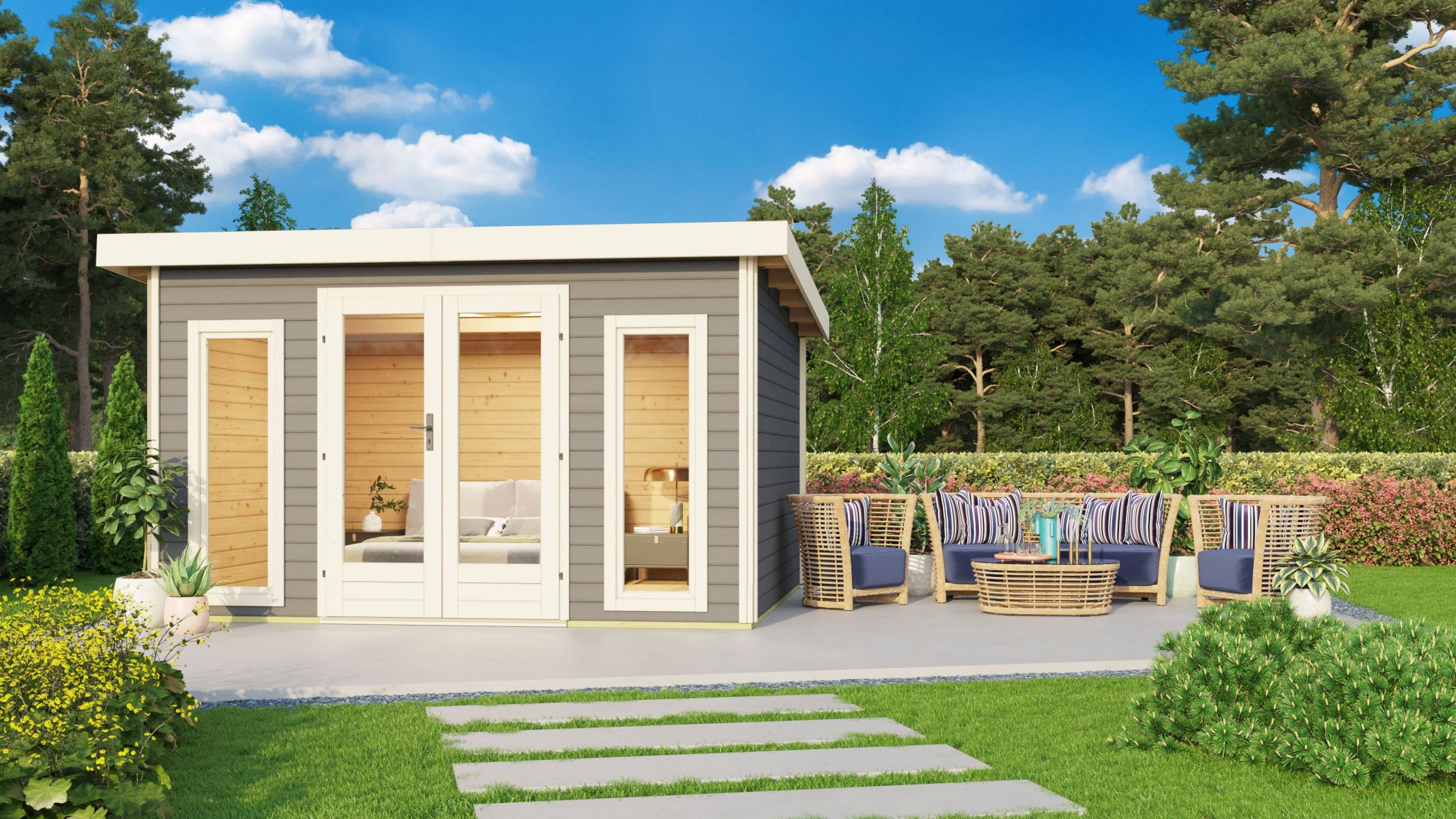 Karibu Poolhaus Radeburg 2 in Terragrau im Garten