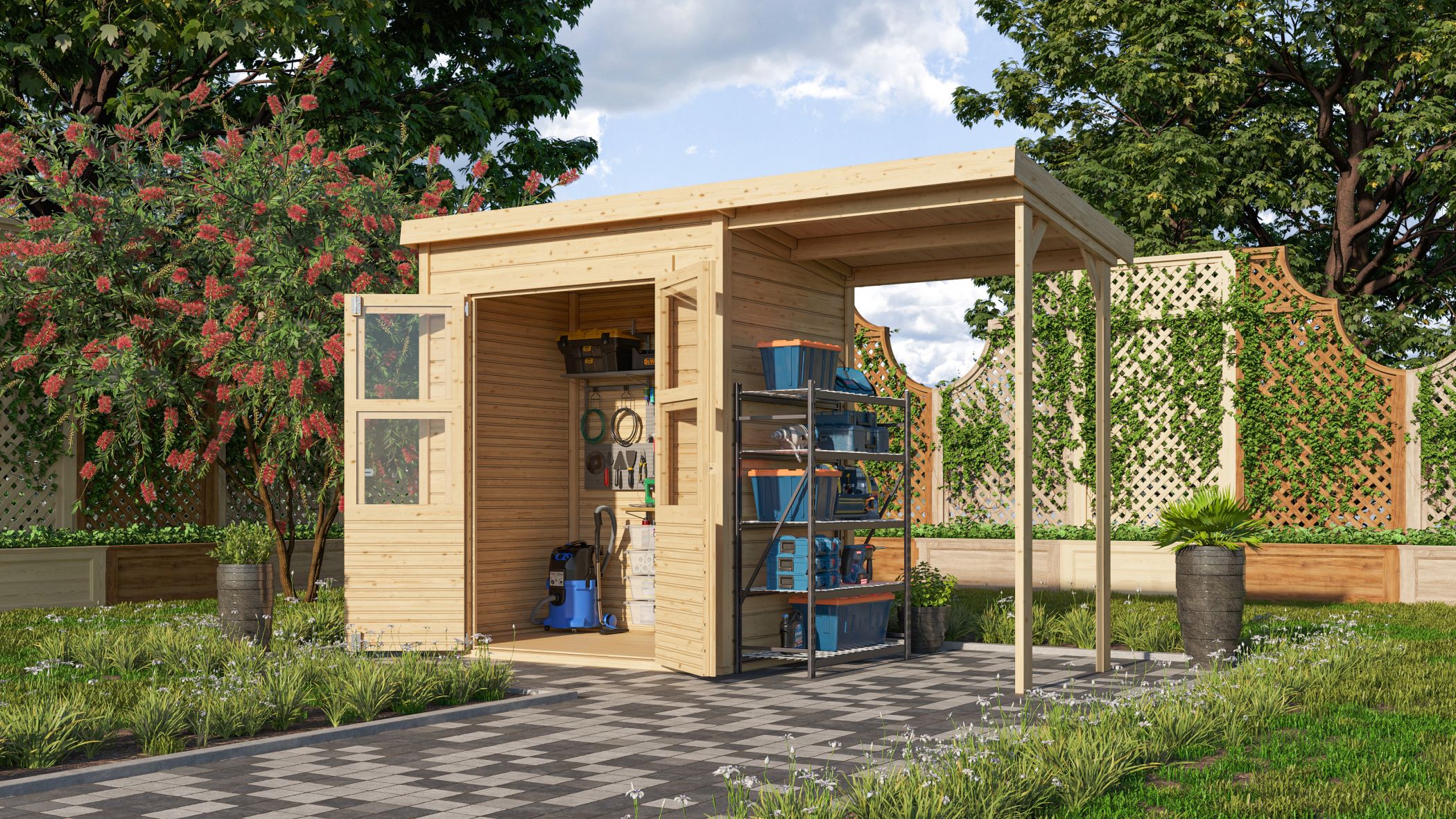 Karibu Gerätehaus Merseburg 2 in Naturbelassen und Anbaudach im Garten