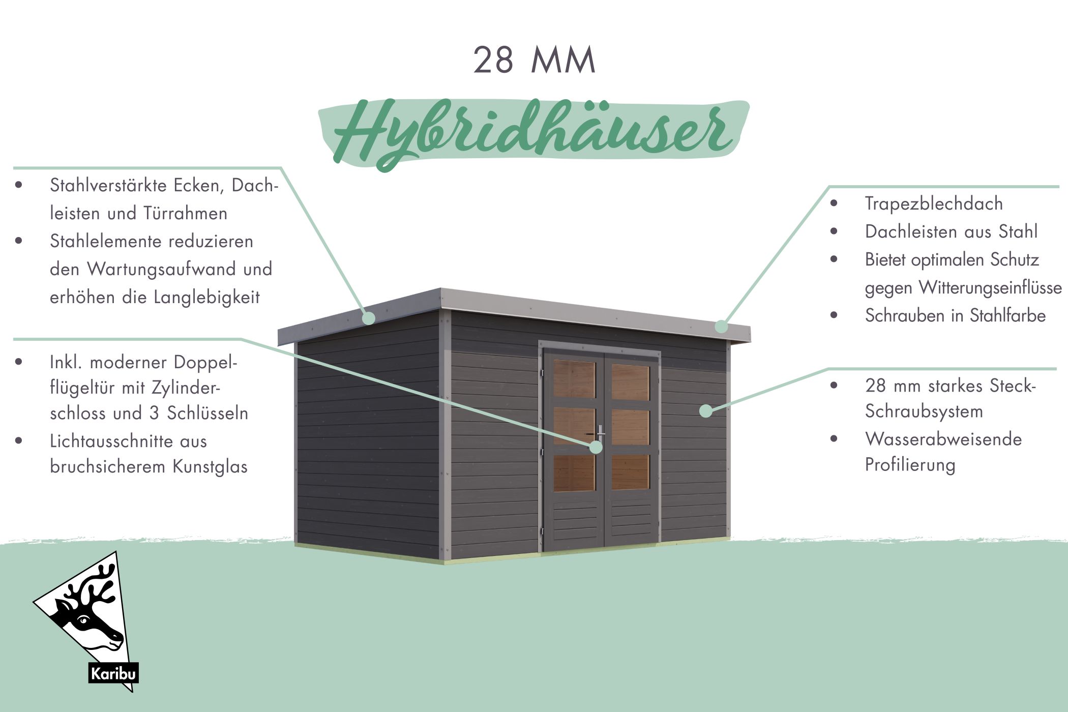 Karibu Gartenhaus Holz & Metall Pluto 3 in Naturbelassen mit Metall in Graualuminium, Außenansicht