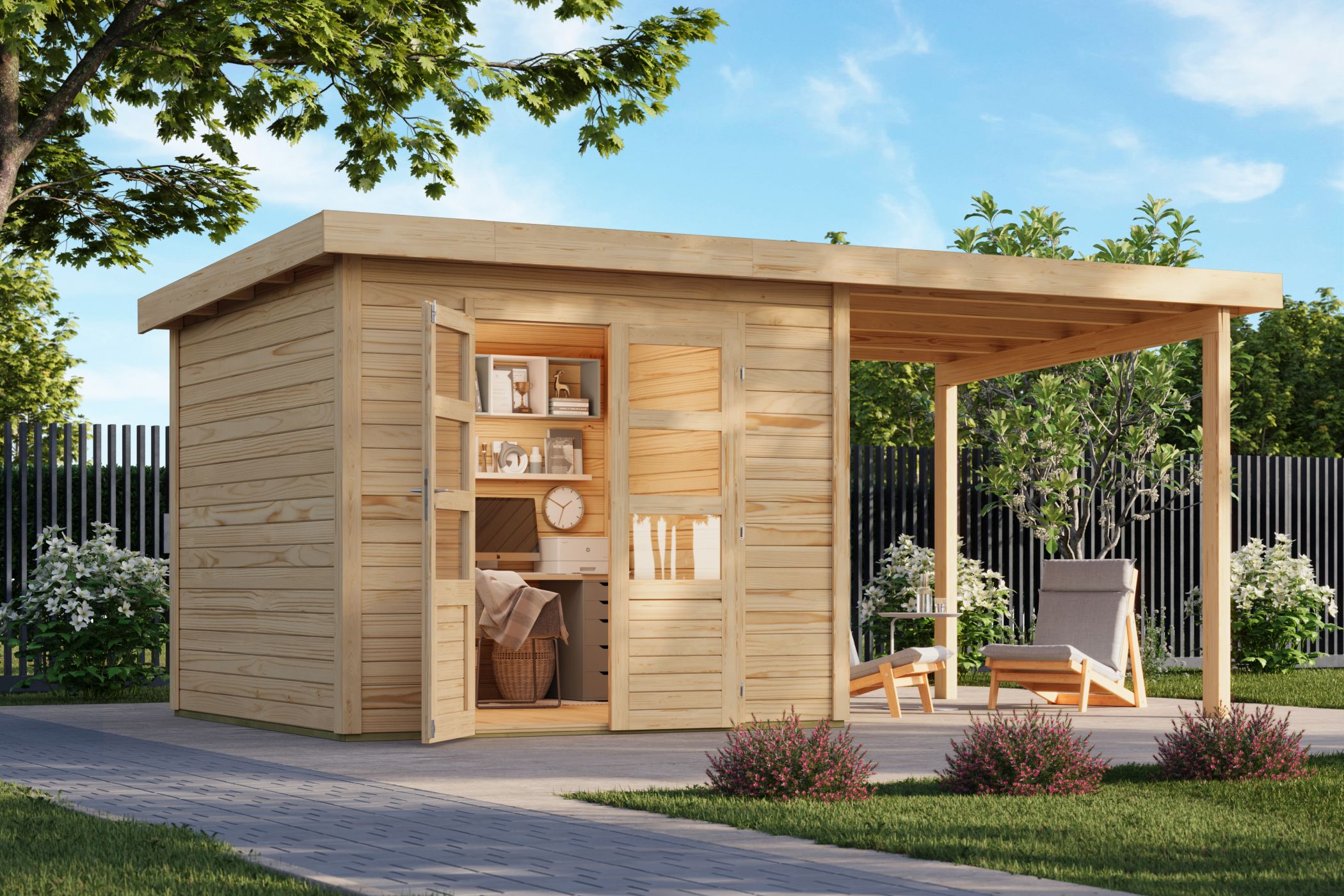 Karibu Gartenhaus Kolbin 6 XXL in Naturbelassen im Garten