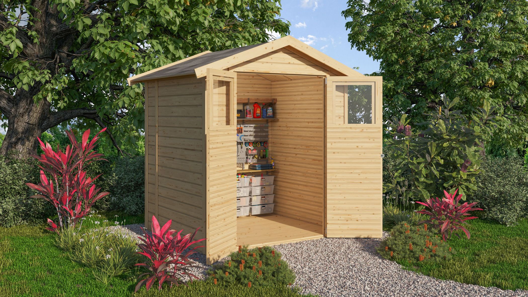 Karibu kleines Gerätehaus Dahme 2 aus Holz, im Garten aufgebaut
