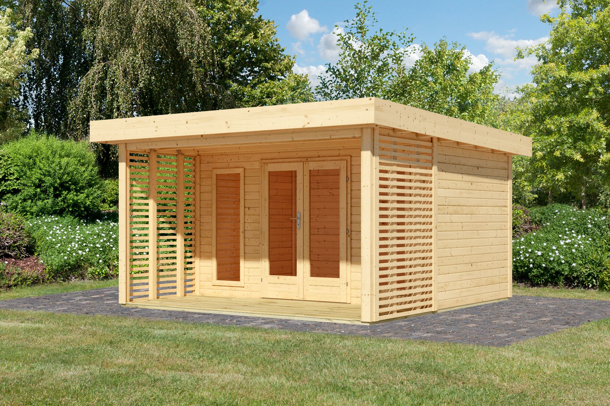 Produktbild eines Karibu Gartenprodukts aus Holz, im Garten aufgebaut