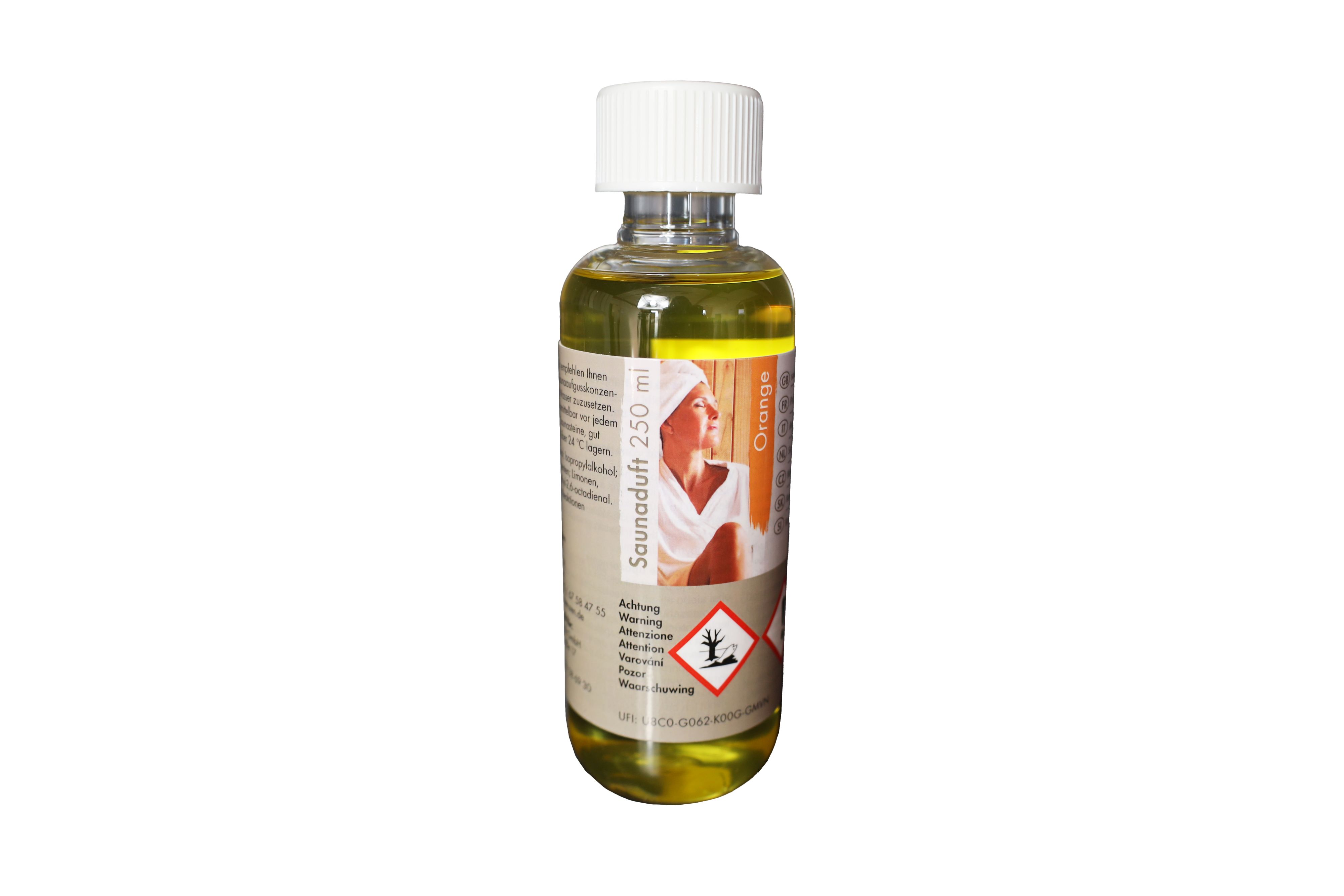 Karibu Saunaduft Orange 250ml / Lagerabverkauf aus Holz, freigestellt