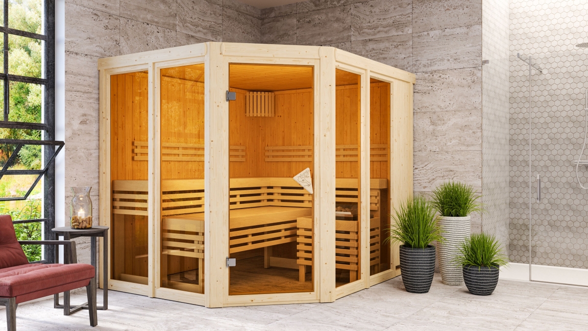 Karibu Sauna Ainur als hochwertige Sauna aus nordischer Fichte im Wohnraum-Ambiente