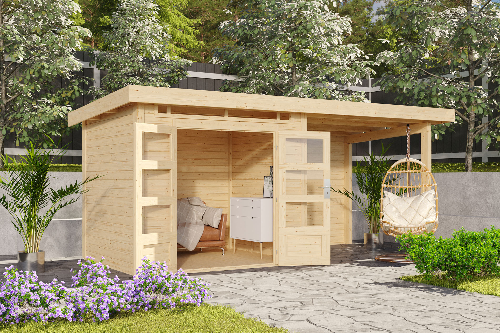 Karibu Gartenhaus Kandern 2 in Naturbelassen und Anbaudach im Garten
