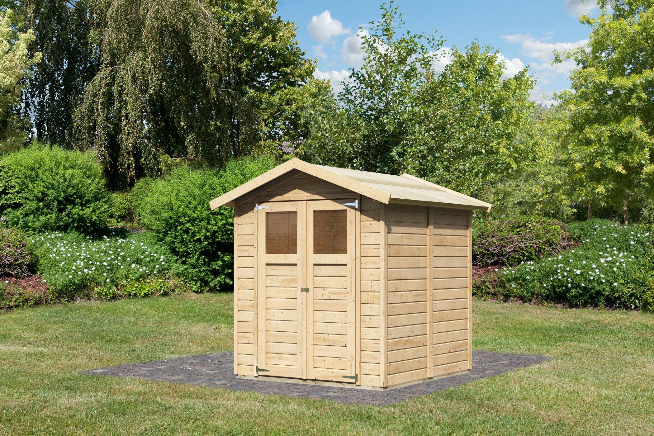 Karibu kleines Gerätehaus Dahme 3 aus Holz, im Garten aufgebaut
