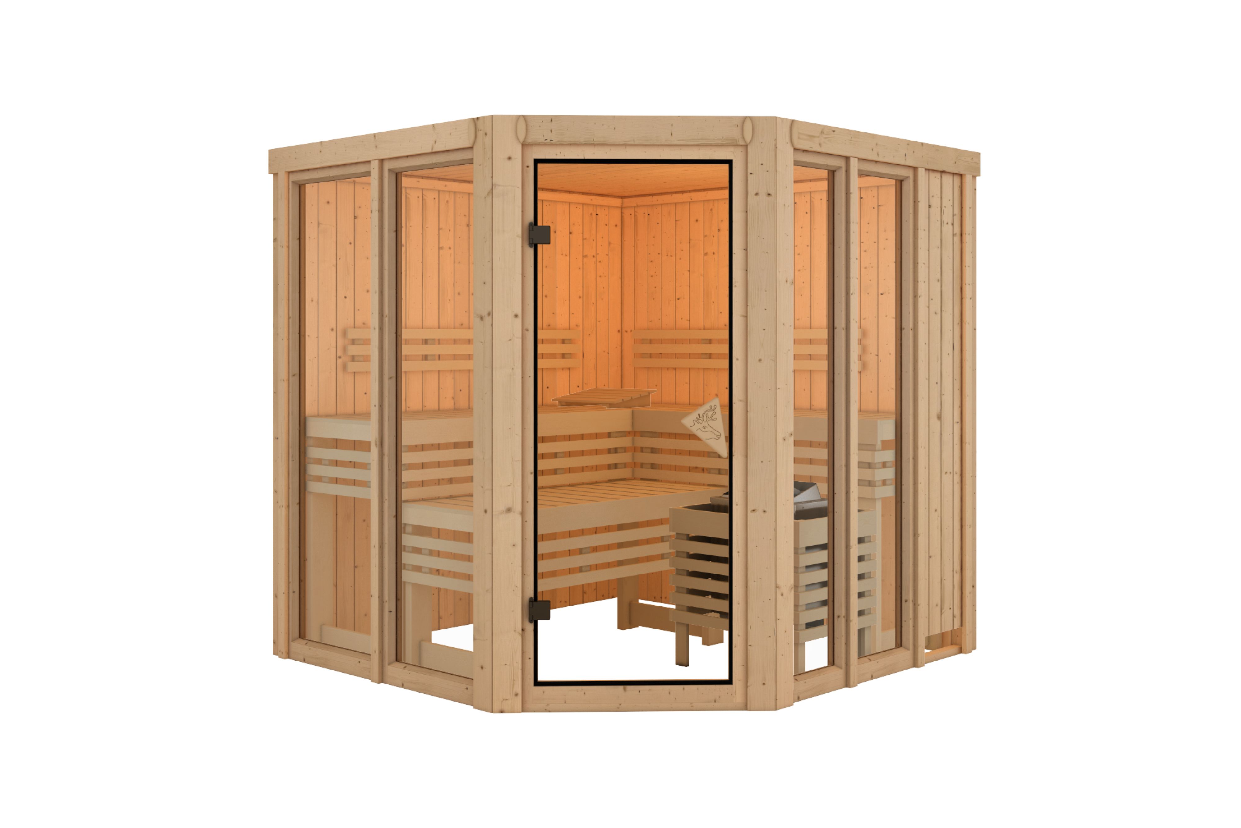 Innenansicht der Karibu Sauna Airi mit Liegen und Kopfstütze aus hellem Espenholz