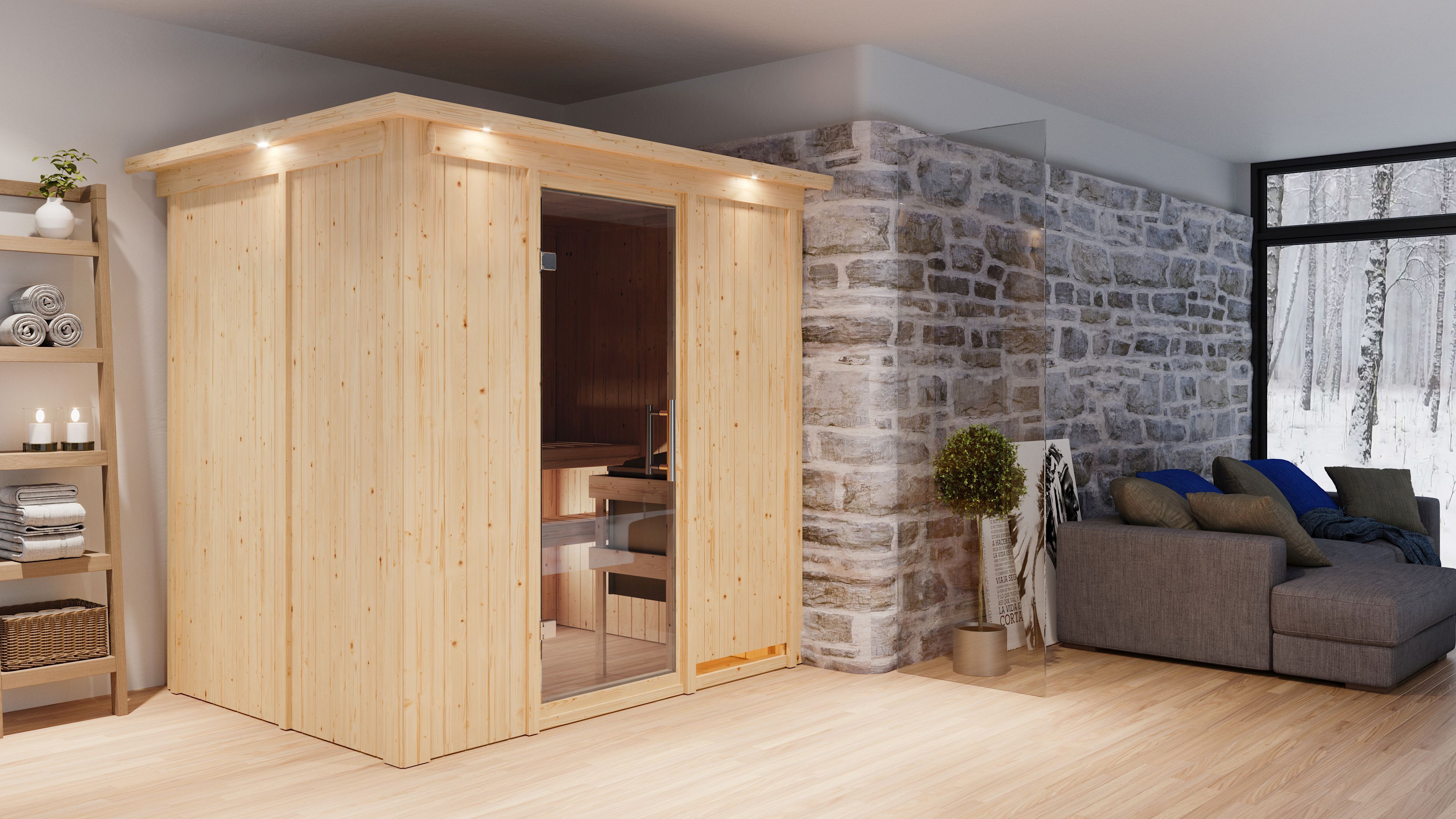 Karibu Sauna Bodin als hochwertige Sauna aus nordischer Fichte im Wohnraum-Ambiente
