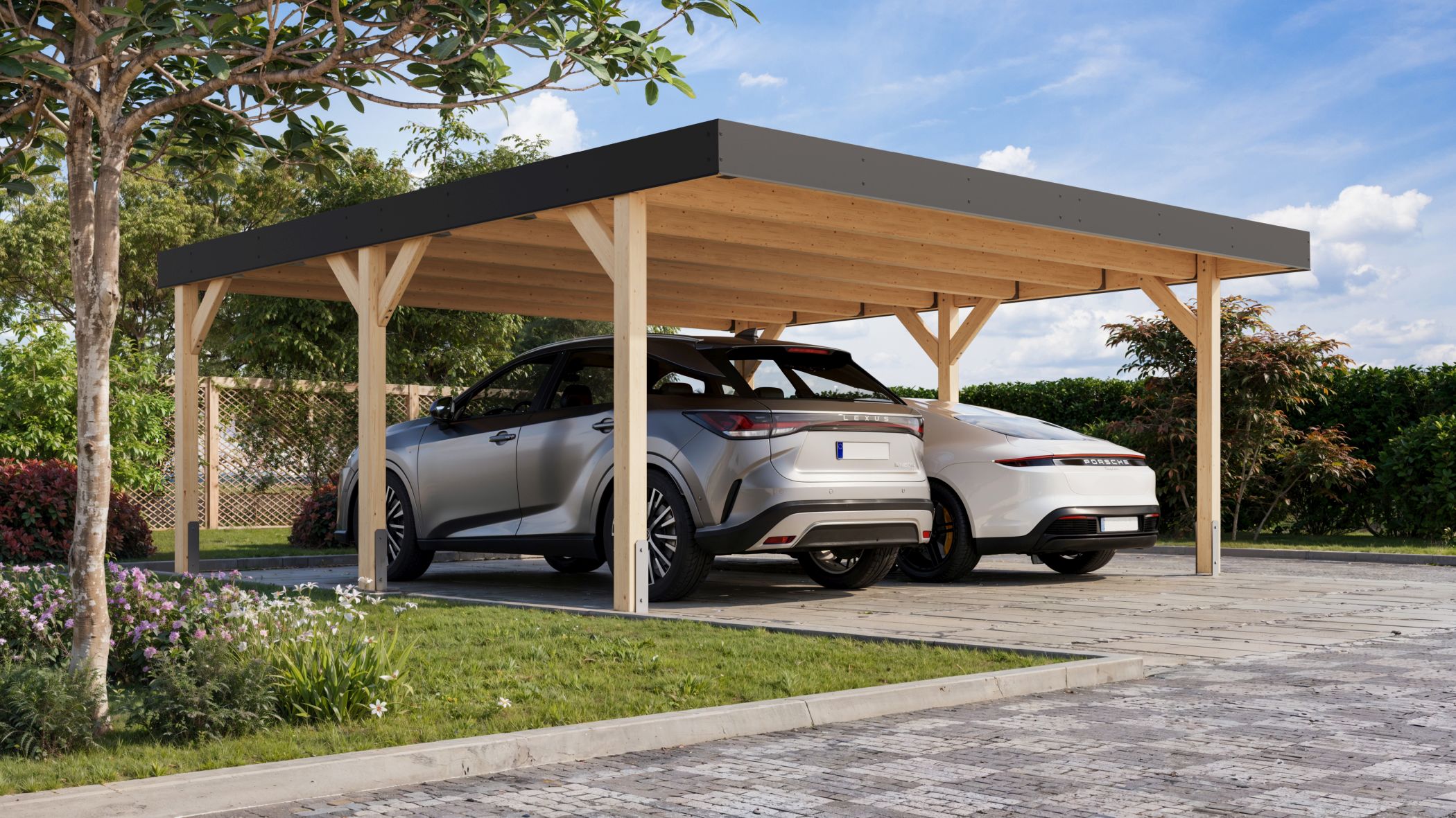Karibu Doppelcarport Leimholz 1 aus Leimholz mit Flachdach im Garten aufgebaut