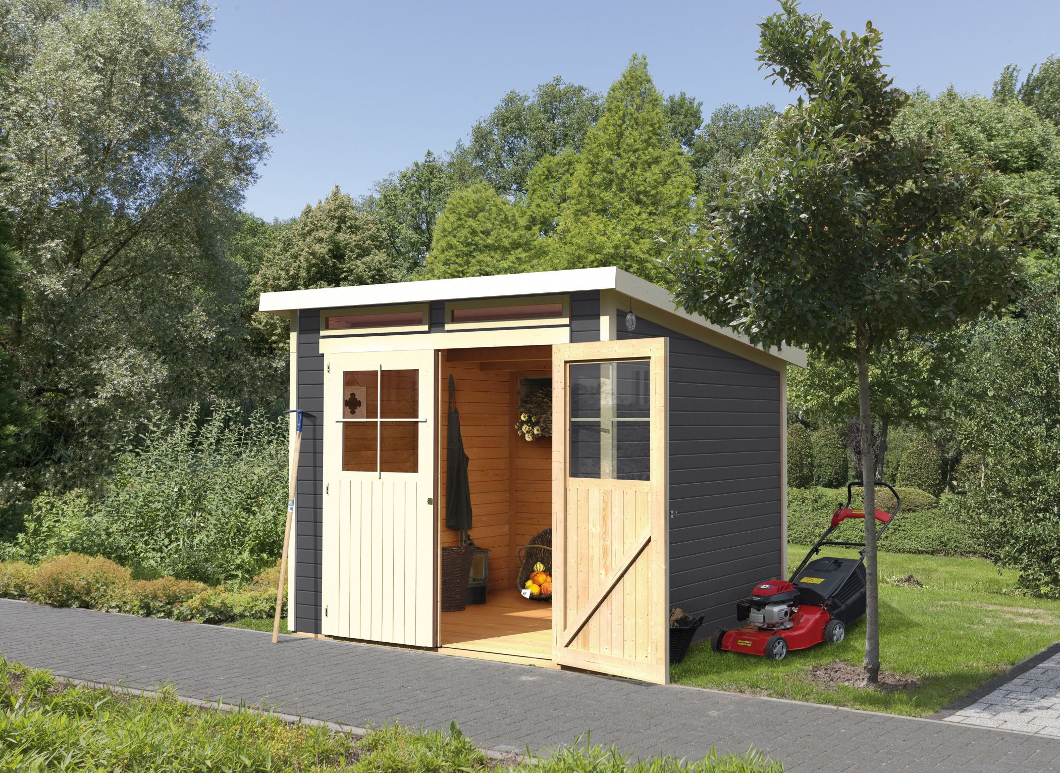 Karibu Gerätehaus Glücksburg 4 in Terragrau im Garten