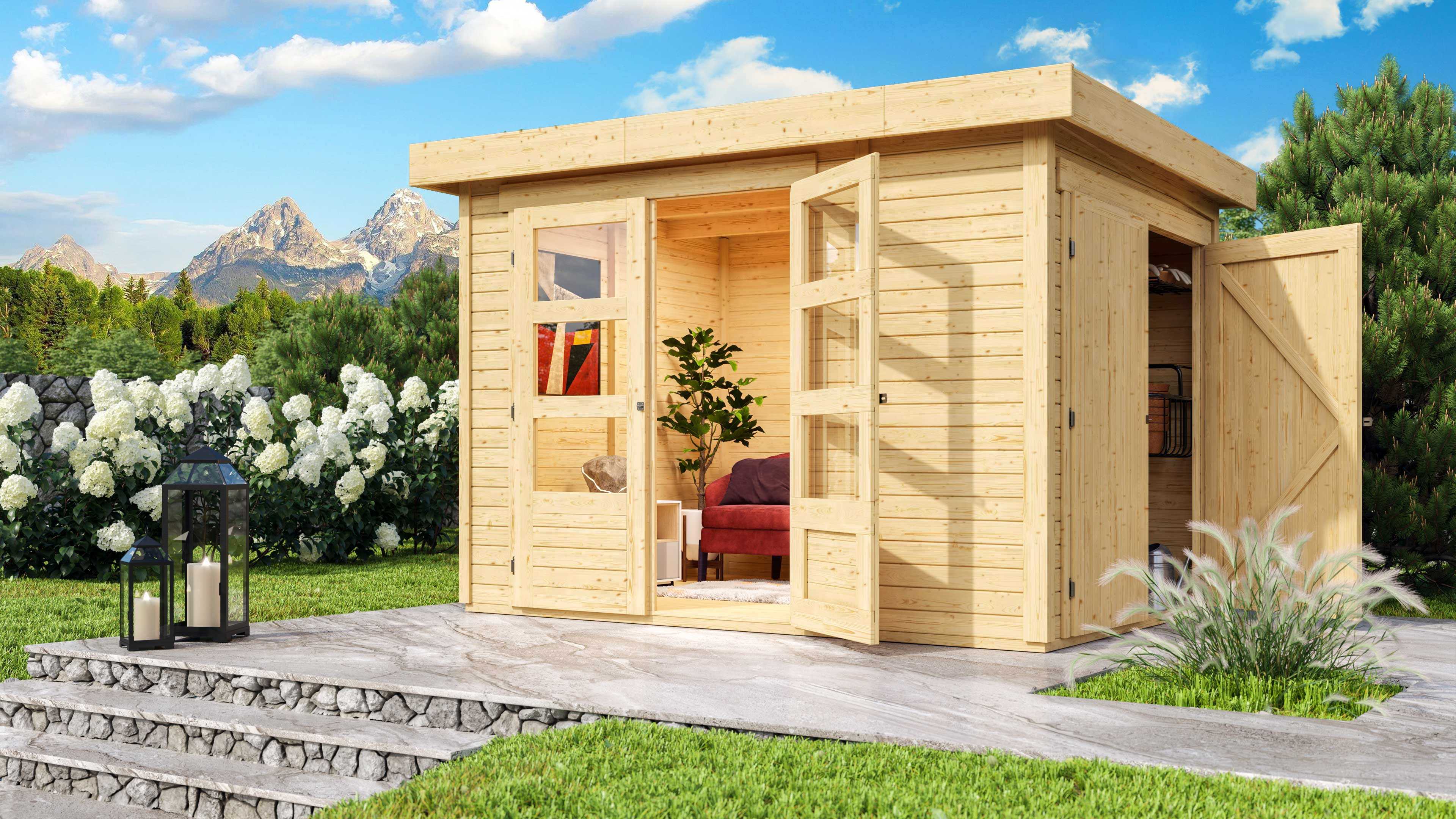Karibu Gerätehaus Retola 2 mit Anbaudach im Garten