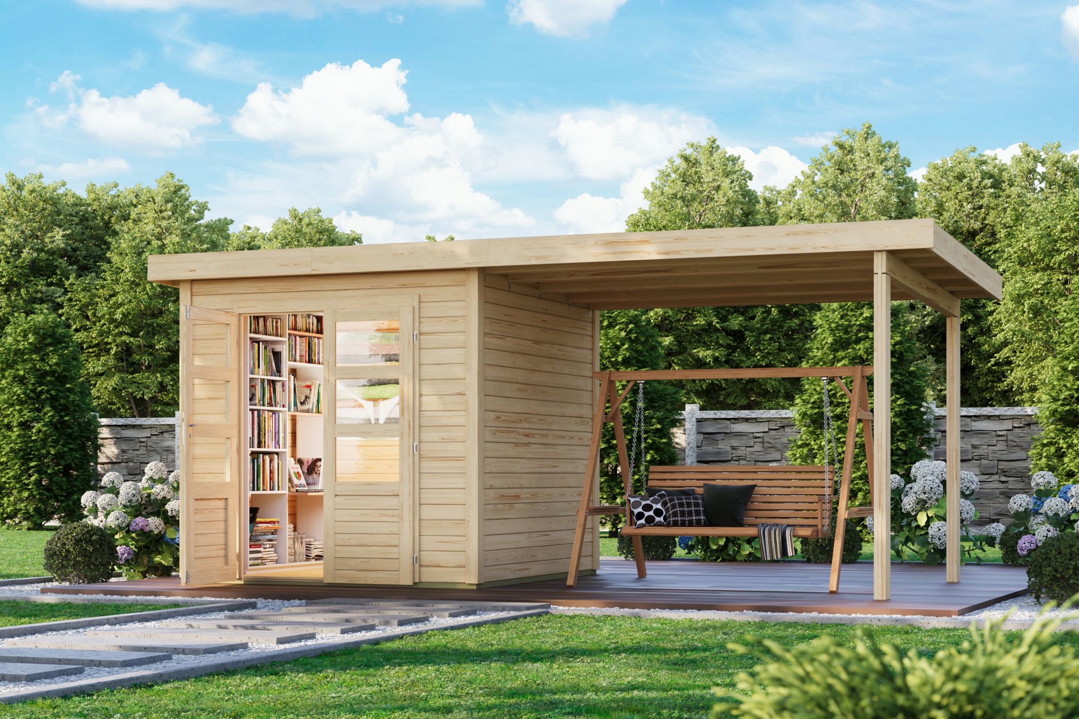 Karibu Gartenhaus Kolbin 3 XXL in Naturbelassen im Garten