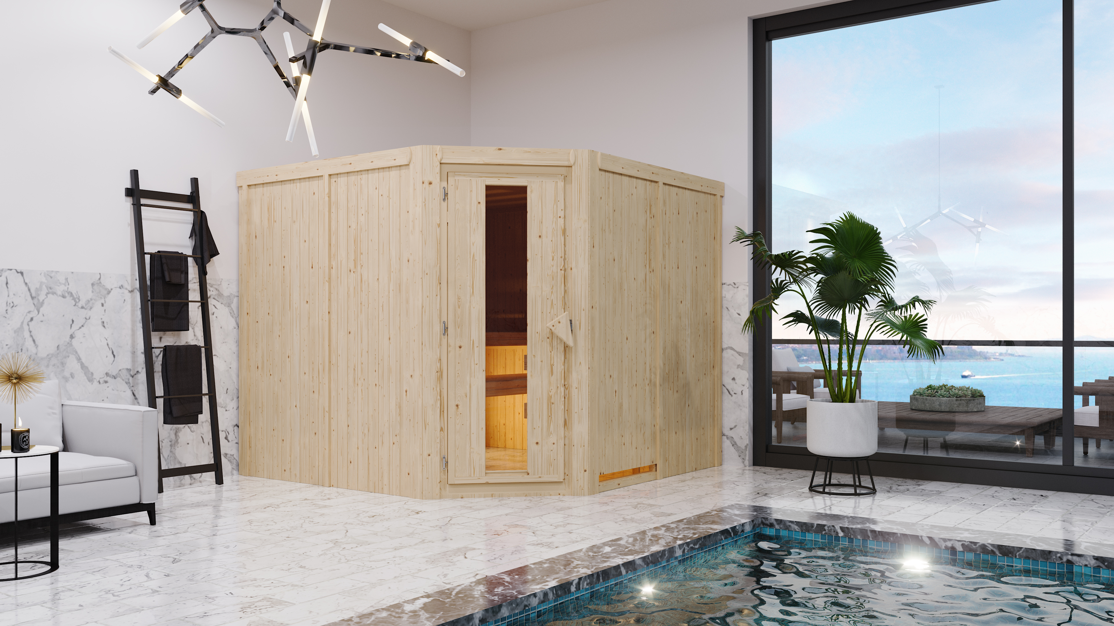 Karibu Sauna Malin als stimmungsvoller Wellnessbereich in einem modern eingerichteten Wohnraum