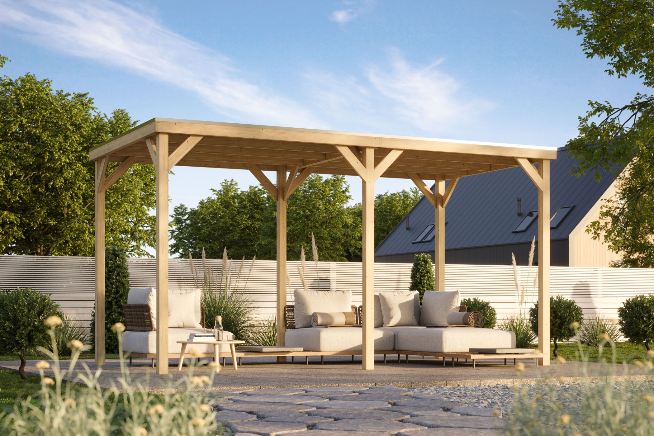 Karibu Cubeco Pavillon im aus Leimholz mit Flachdach im Garten als Ambiente-Ansicht