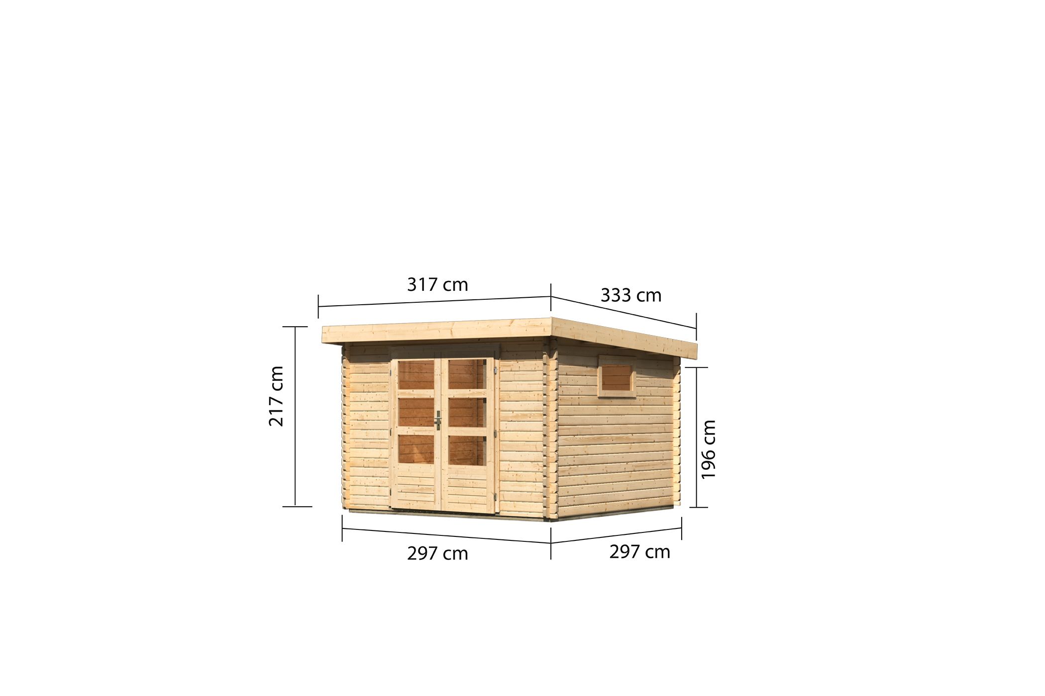 Bemaßte Maßzeichnung des Karibu Gartenhaus Trittau 3, 297 × 297 cm