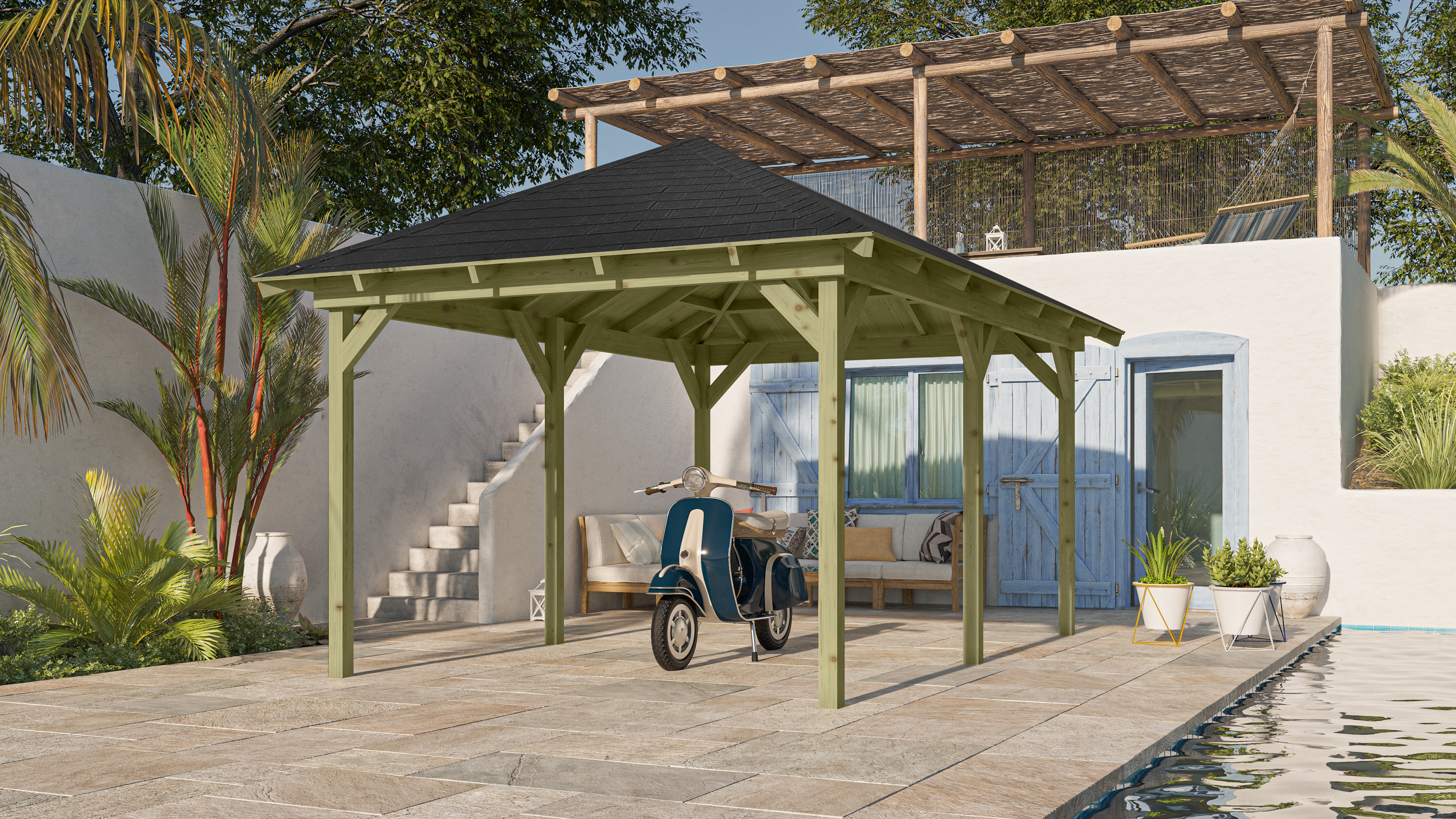 Karibu Pavillon Perida aus KDI-Massivholz mit Walmdach im Garten als stimmungsvolle Ambiente-Ansicht