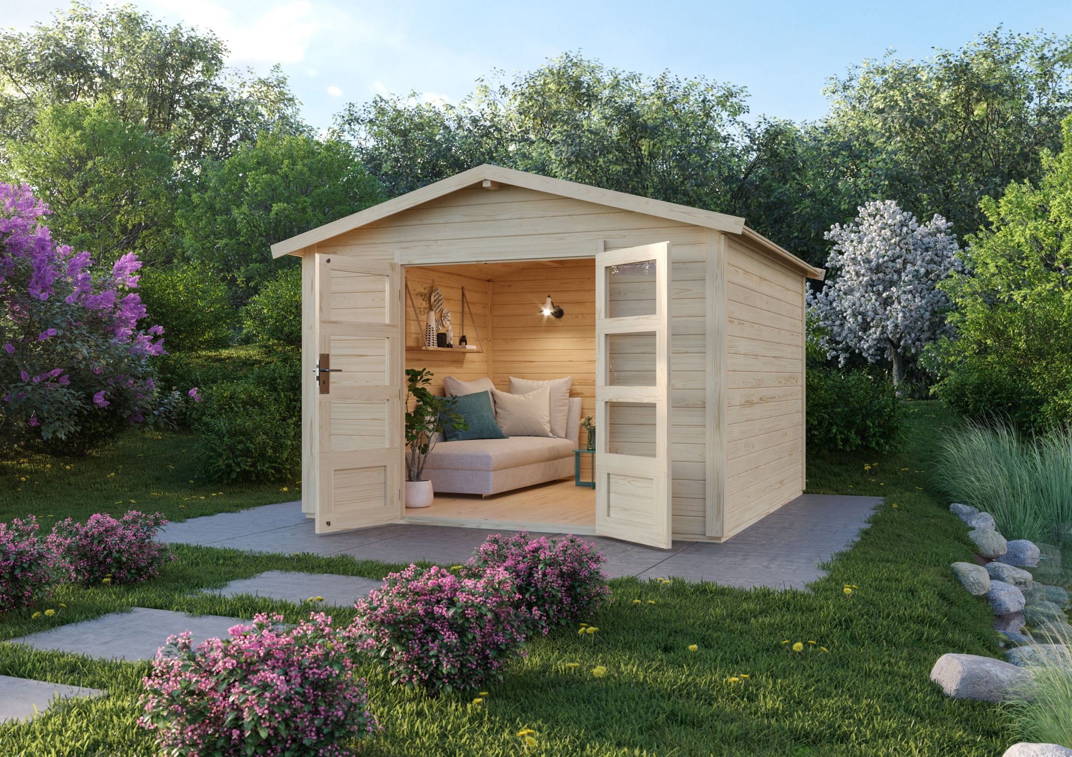 Karibu Gartenhaus Talkau 8 mit Anbaudach im Garten