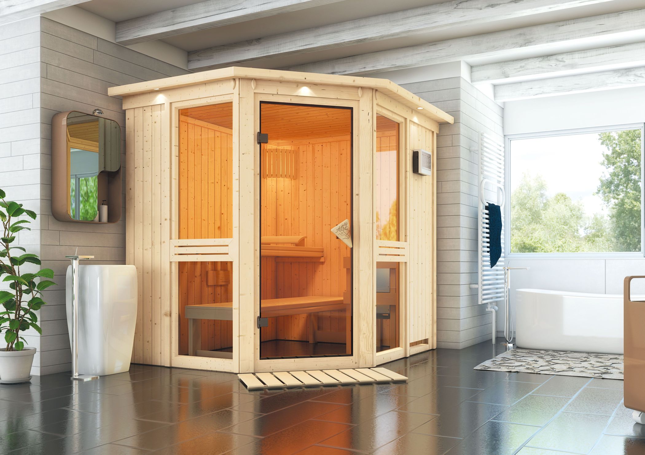 Detailansicht einer Karibu Sauna aus nordischer Fichte