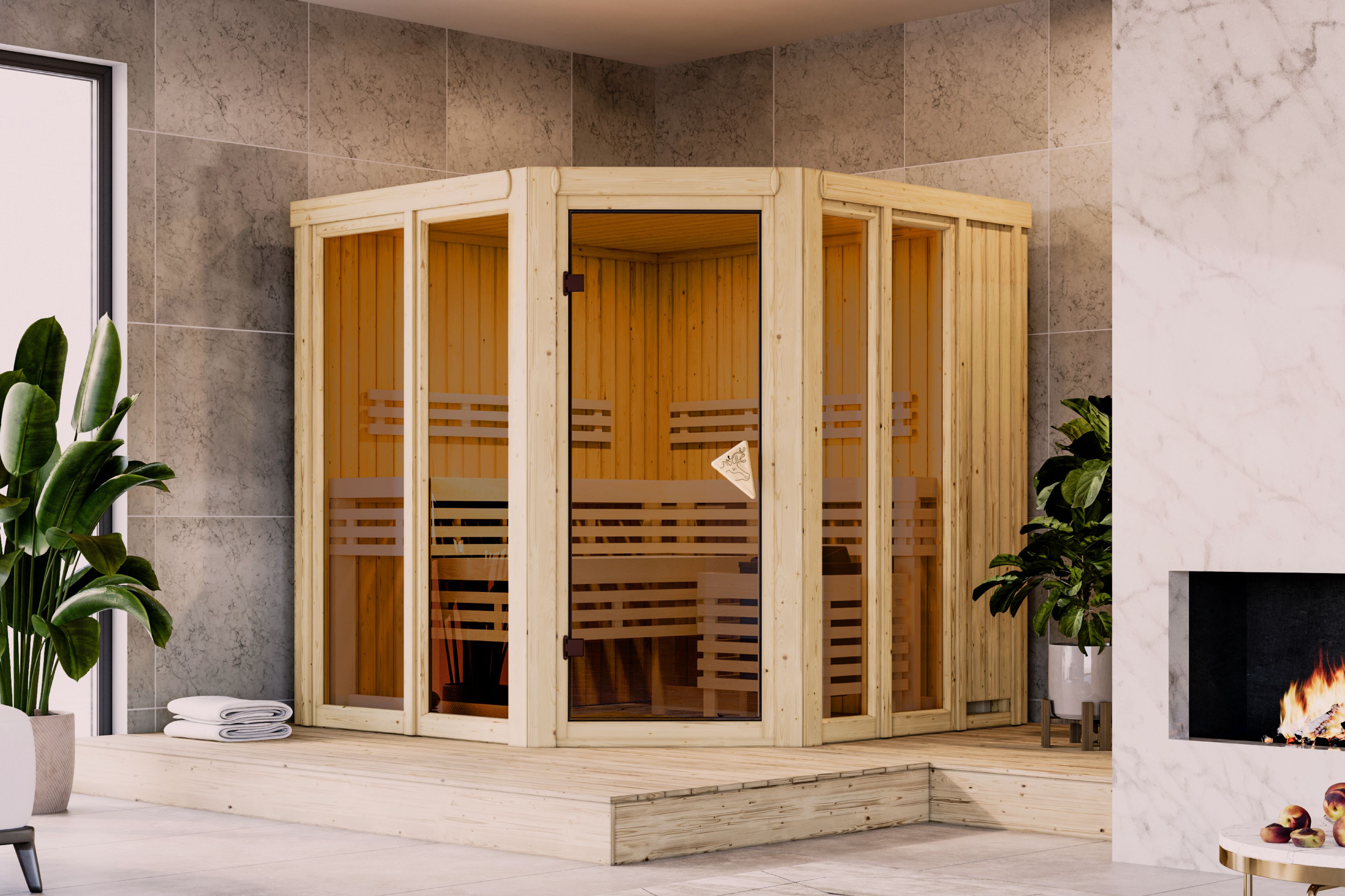 Karibu Sauna Airi als hochwertige Sauna aus nordischer Fichte im Wohnraum-Ambiente