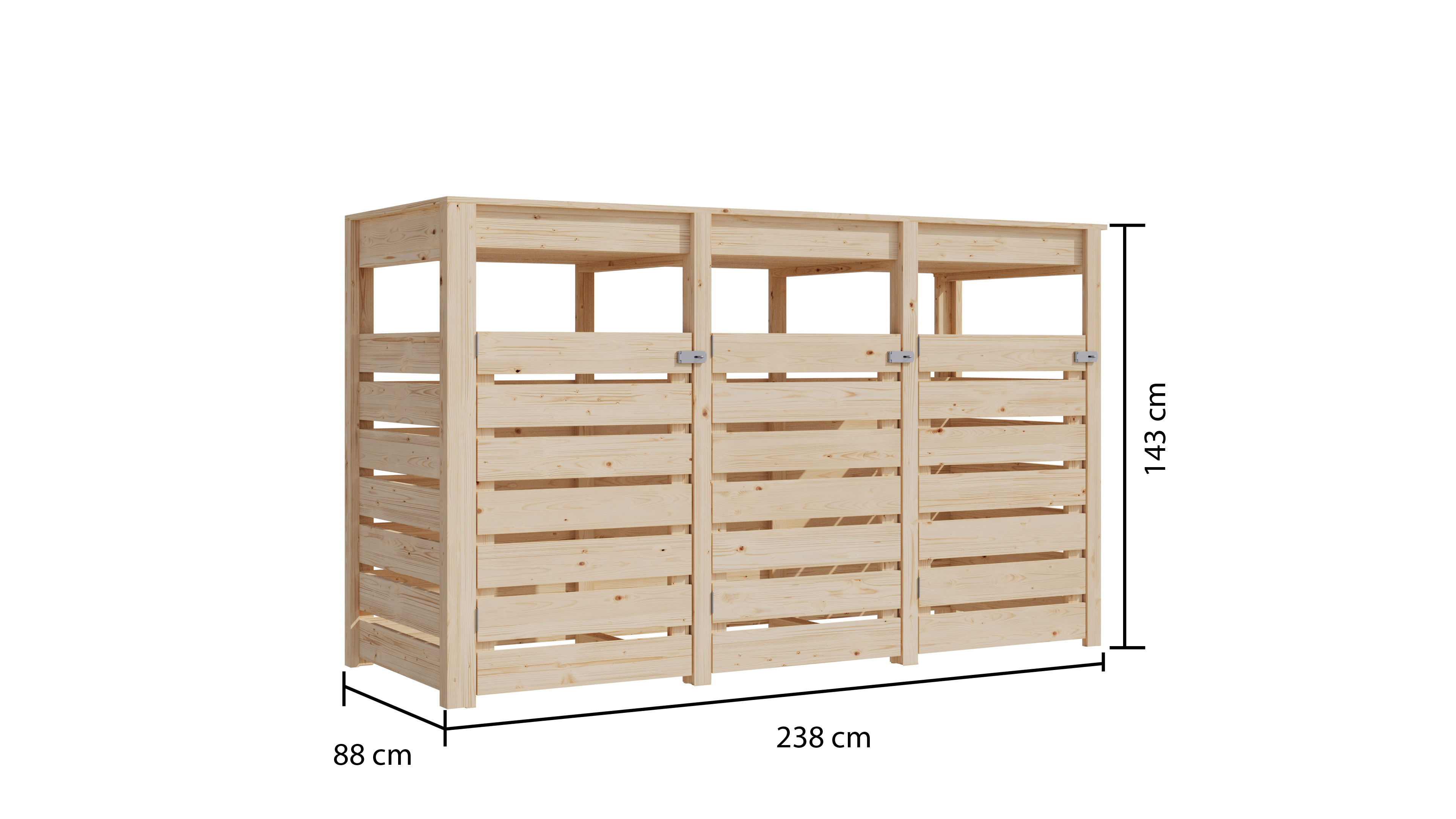 Bemaßte Maßzeichnung des Karibu Mülltonnen Unterstand Mülltonnenbox 2, 238 × 88 cm